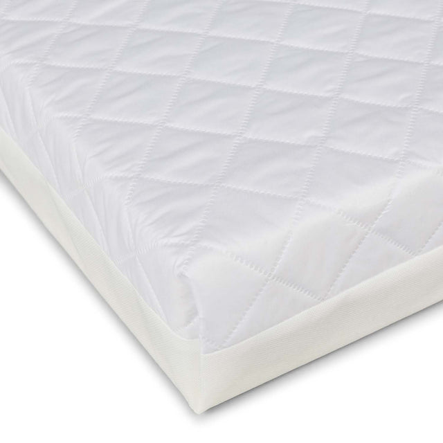 corner of Ickle Bubba Premium Sprung Cot Mattress in white colour - washable  and breathable