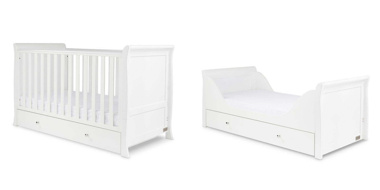 Two white Ickle Bubba Snowdon Classic Beds in cot bed and junior bed modes