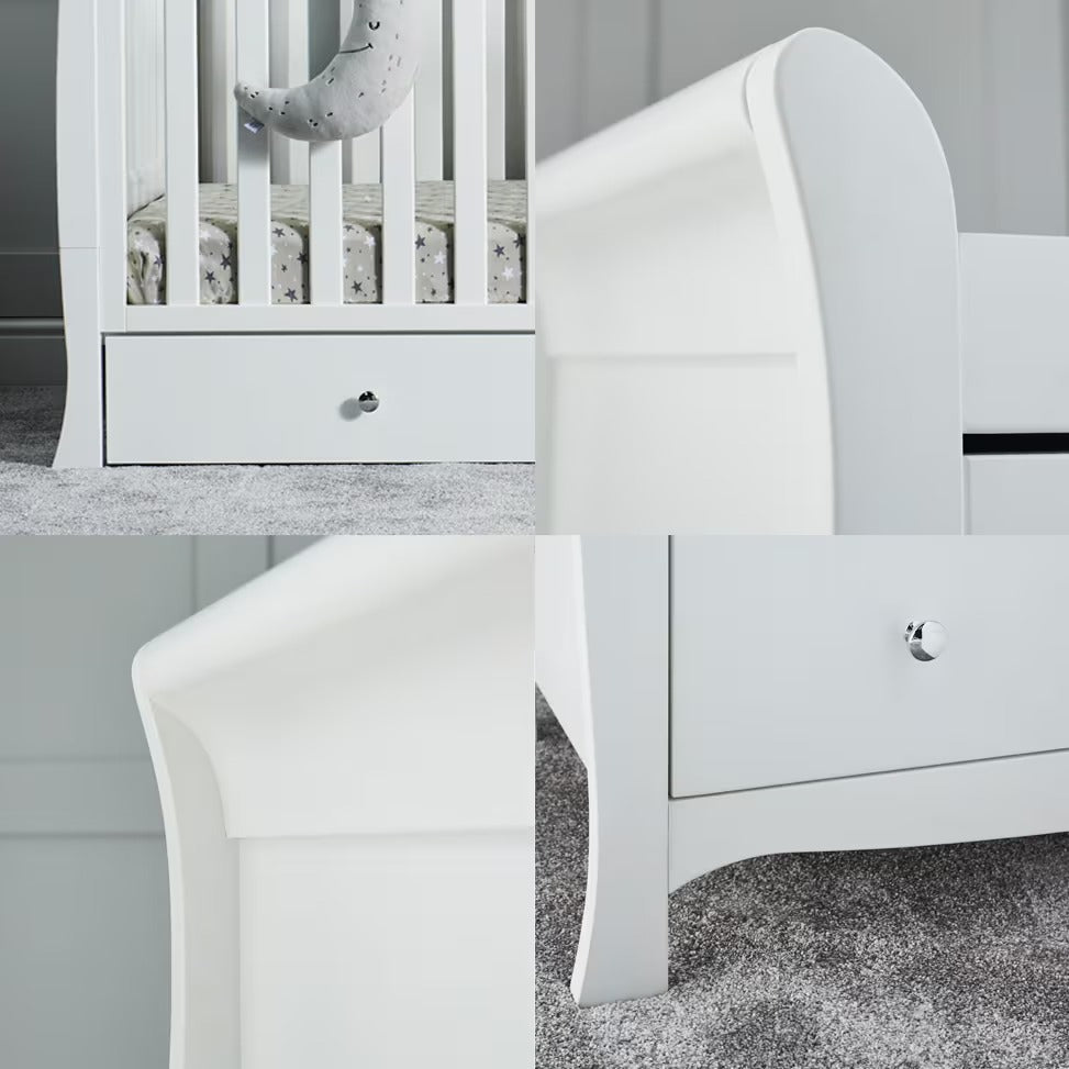 four close-up shots of white Ickle Bubba Snowdon Mini Cot Bed showing details