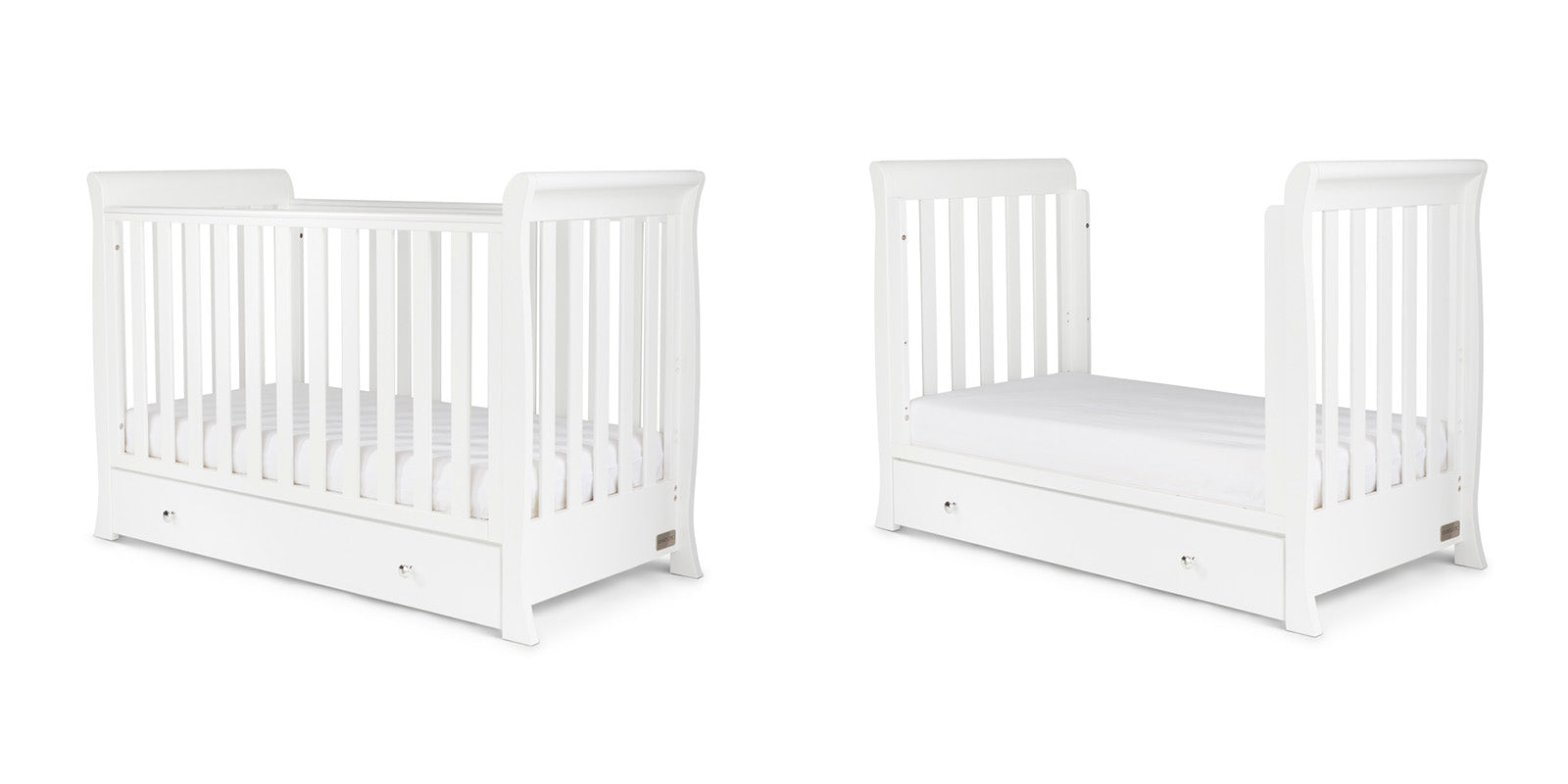 Two white Ickle Bubba Snowdon Mini 4-in-1 Beds in cot bed and junior bed modes