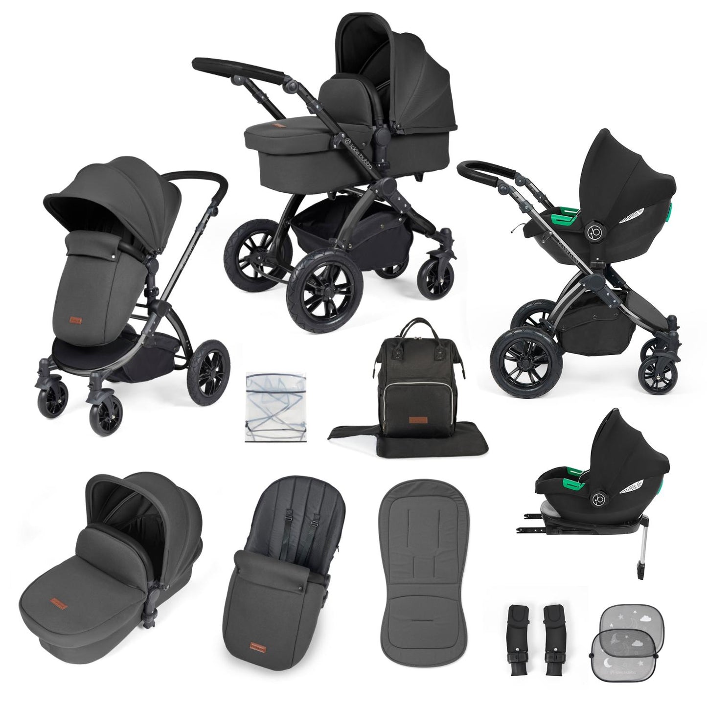 Ickle Bubba Stomp Luxe All-in-One Travel System with Cirrus i-Size Car Seat and ISOFIX Base and accessories in Charcoal Grey colour