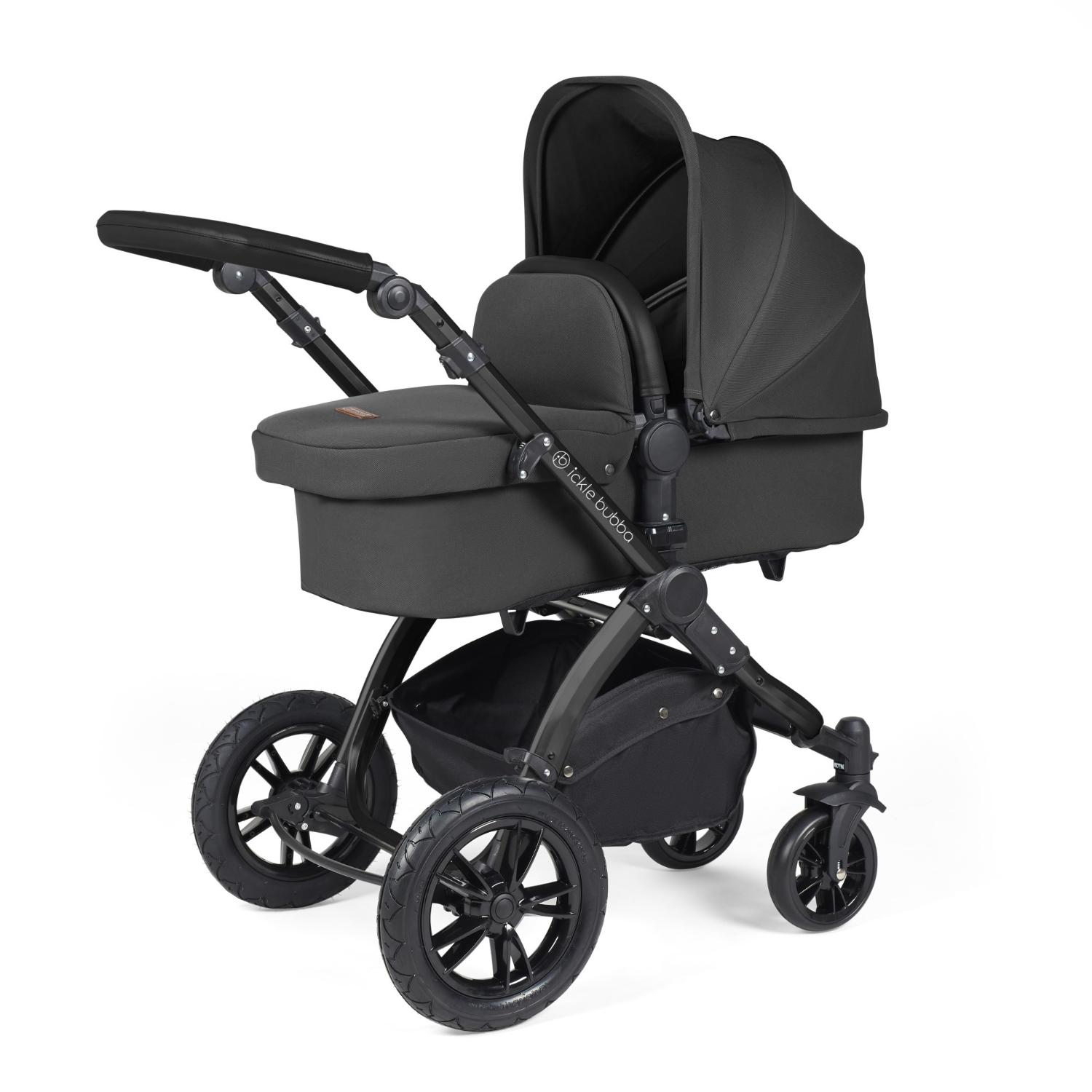 Ickle Bubba Stomp Luxe Pushchair with carrycot attached in Charcoal Grey colour