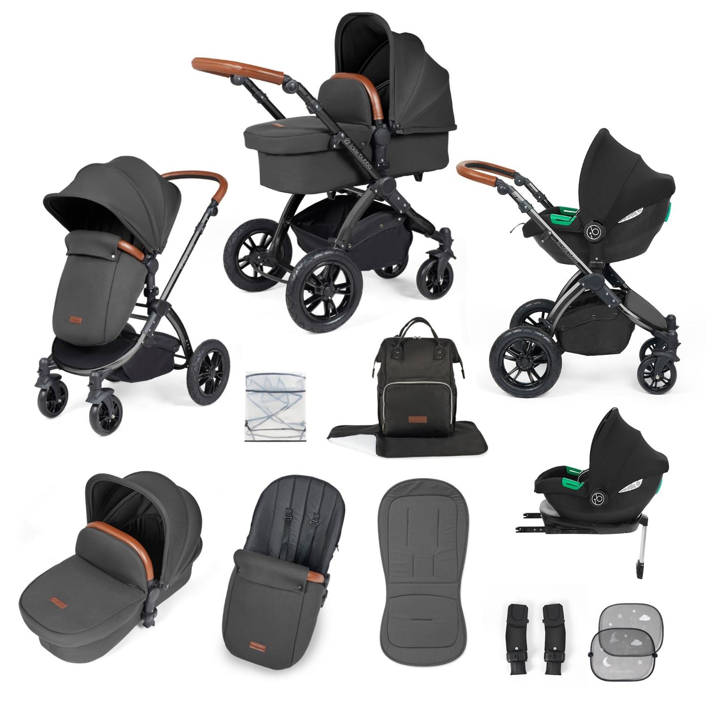 Ickle Bubba Stomp Luxe All-in-One Travel System with Cirrus i-Size Car Seat and ISOFIX Base and accessories in Charcoal Grey colour with tan handle