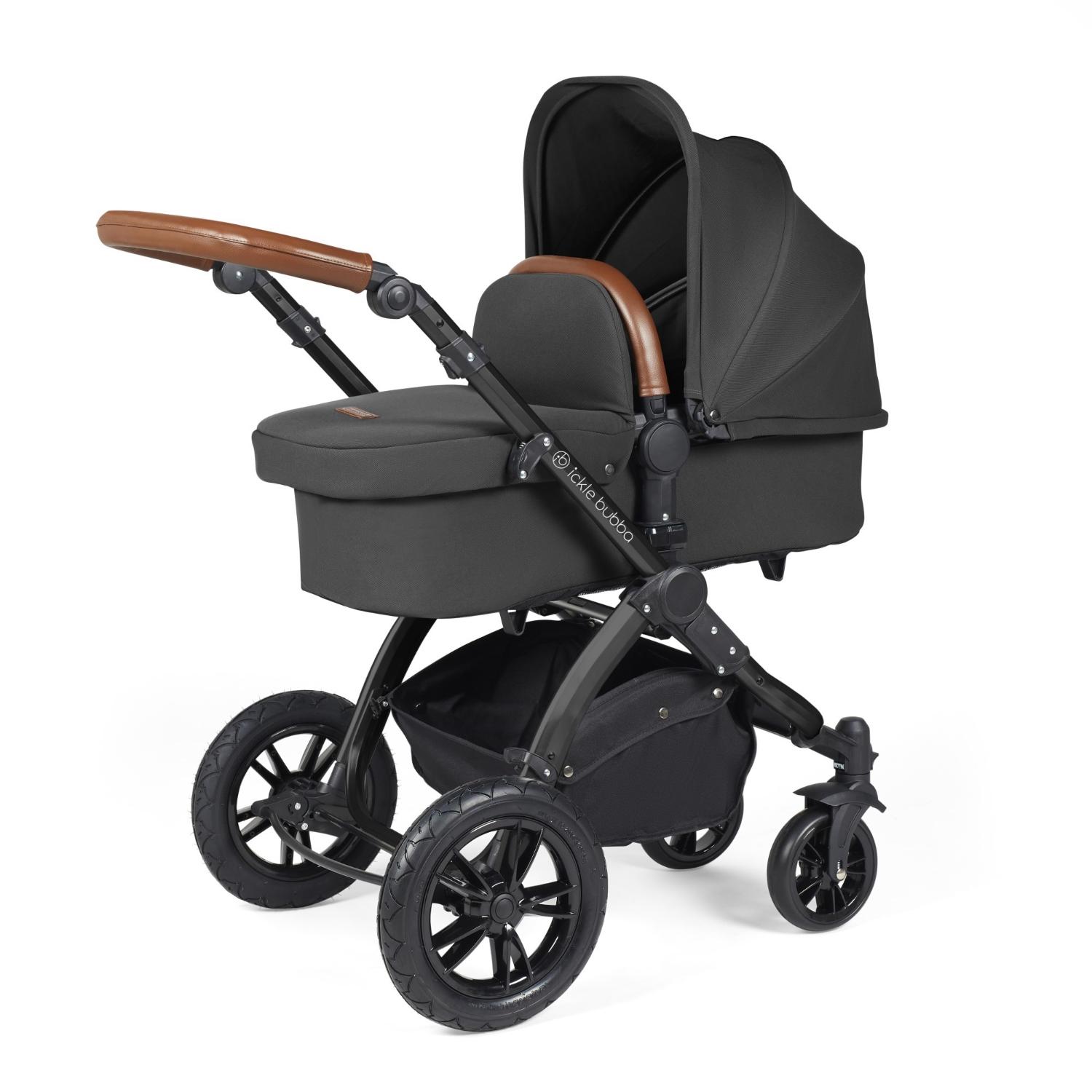 Ickle Bubba Stomp Luxe Pushchair with carrycot attached in Charcoal Grey colour with tan handle