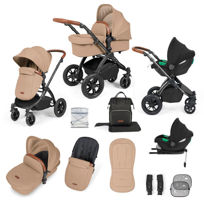 Ickle Bubba Stomp Luxe All-in-One Travel System with Cirrus i-Size Car Seat and ISOFIX Base and accessories in Desert beige colour with tan handle