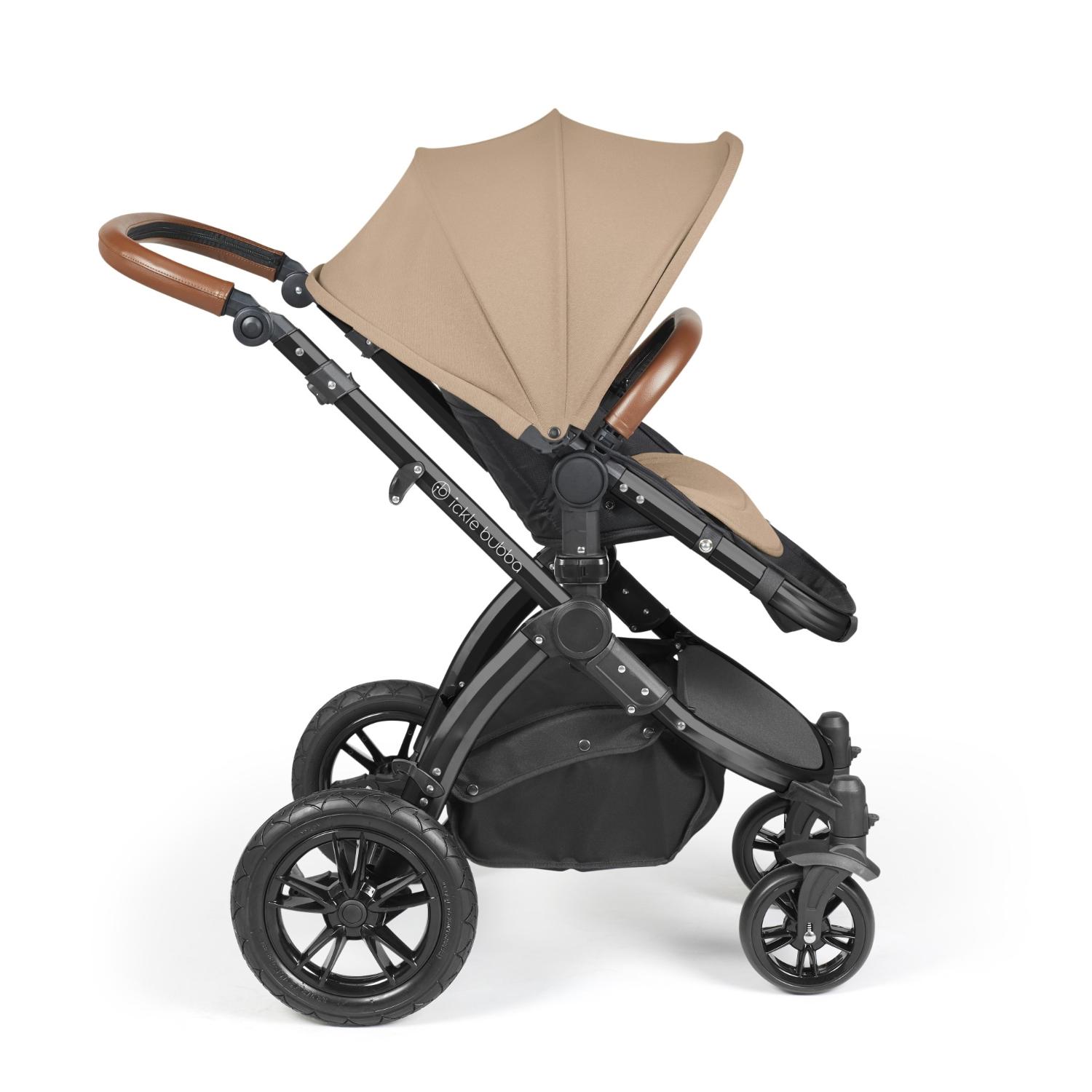 Side view of Ickle Bubba Stomp Luxe Pushchair with seat unit attached in Desert beige colour with tan handle