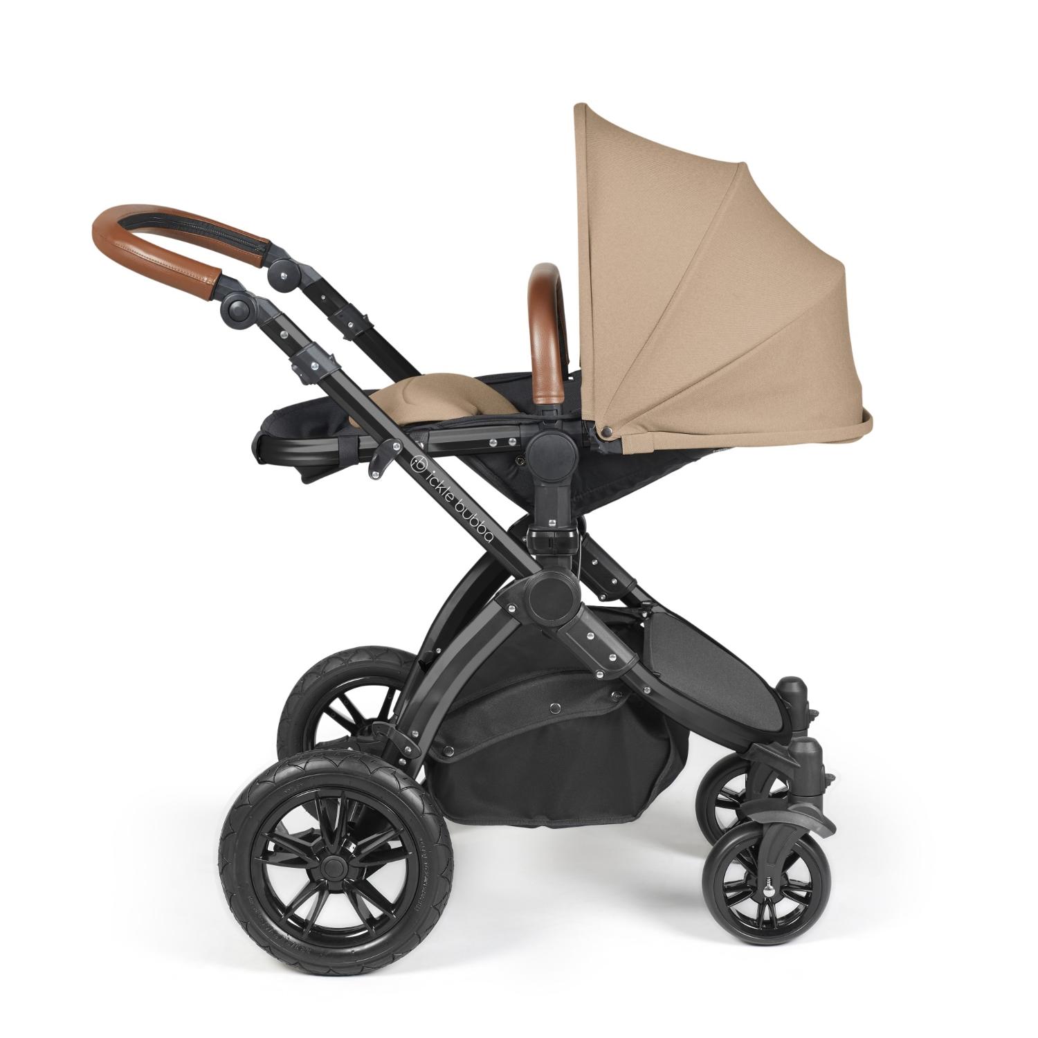Recline position of Ickle Bubba Stomp Luxe Pushchair in Desert beige colour with tan handle