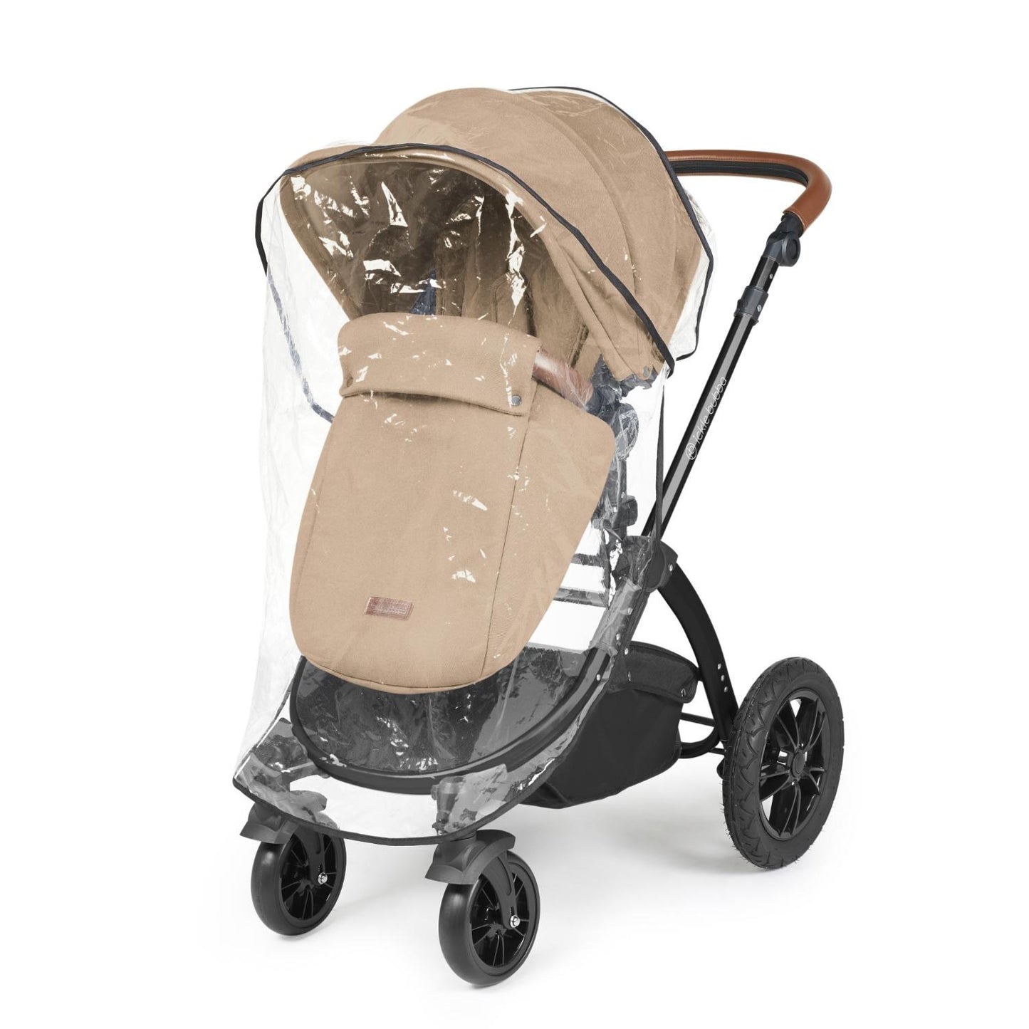 Rain cover placed on an Ickle Bubba Stomp Luxe Pushchair in Desert beige colour with tan handle