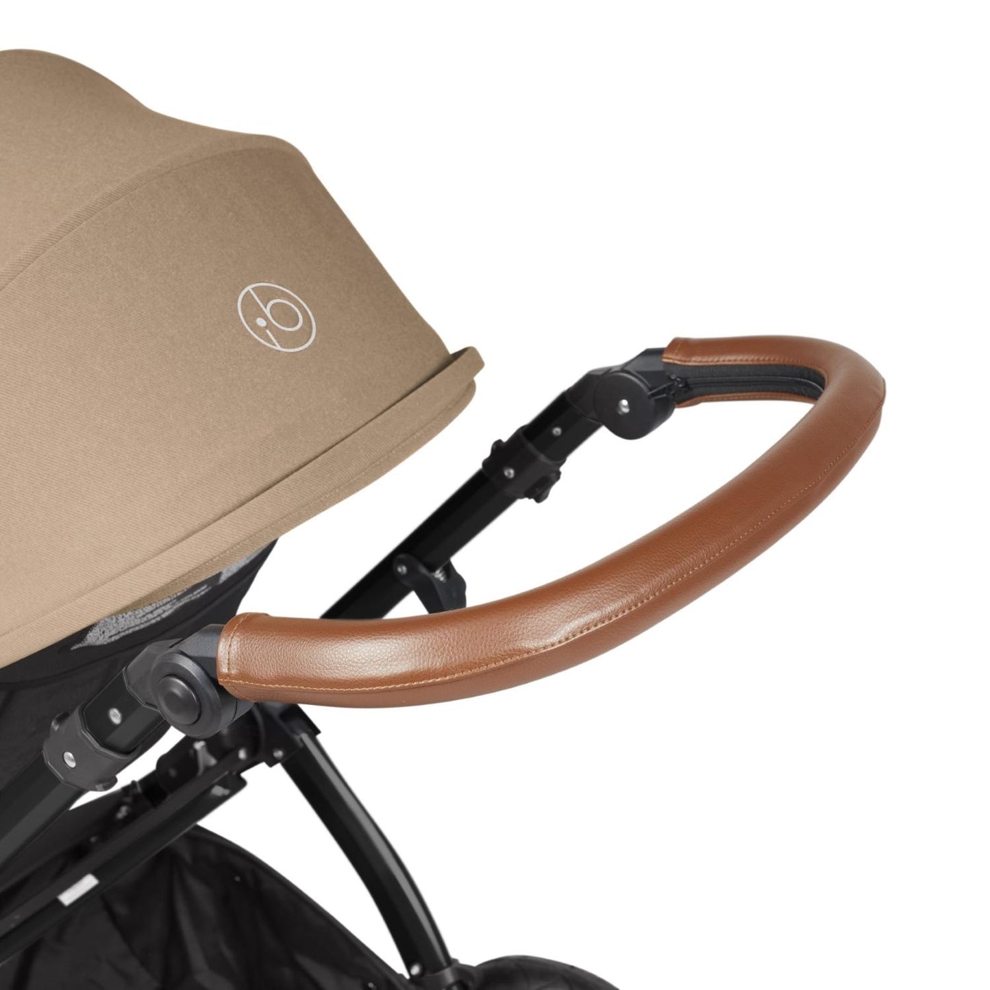 Handlebar detail of Ickle Bubba Stomp Luxe Pushchair in Desert beige colour with tan handle