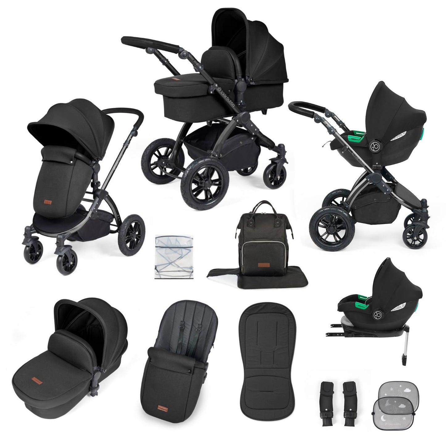Ickle Bubba Stomp Luxe All-in-One Travel System with Cirrus i-Size Car Seat and ISOFIX Base and accessories in Midnight black colour