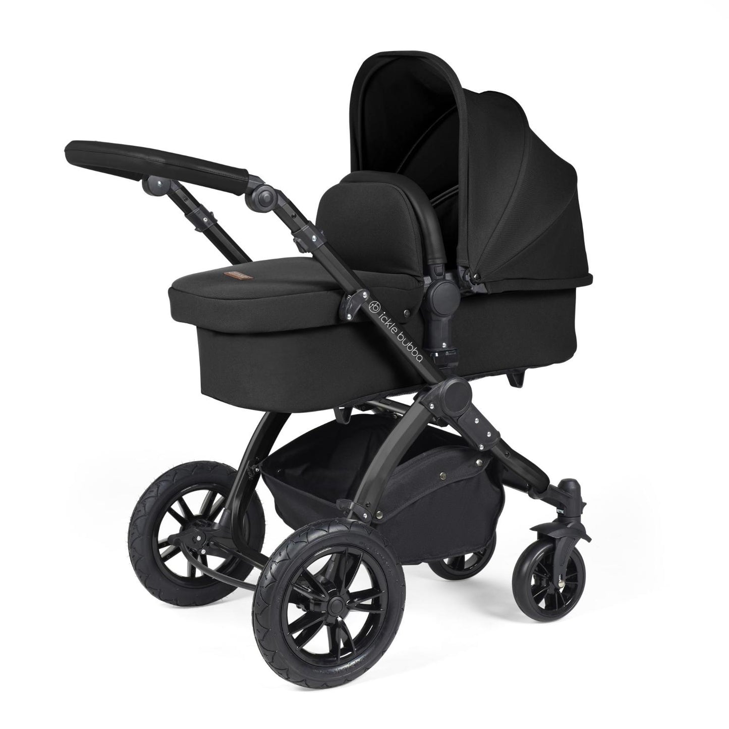 Ickle Bubba Stomp Luxe Pushchair with carrycot attached in Midnight black colour