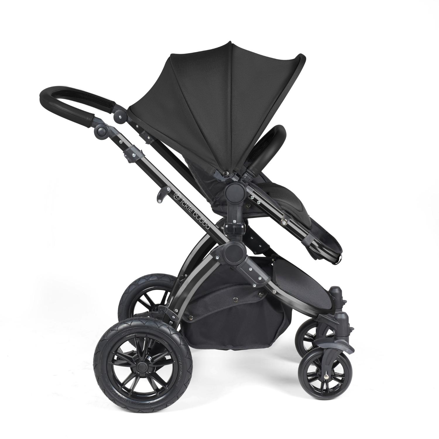 Side view of Ickle Bubba Stomp Luxe Pushchair with seat unit attached in Midnight black colour