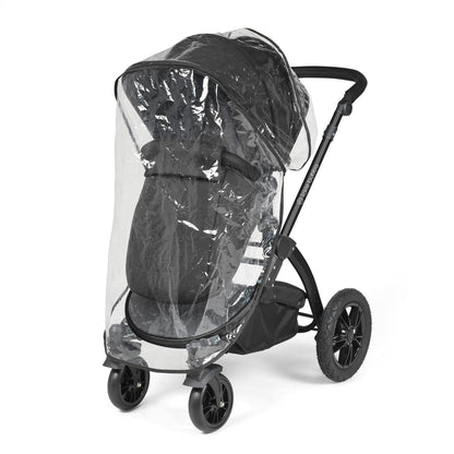 Rain cover placed on an Ickle Bubba Stomp Luxe Pushchair in Midnight black colour