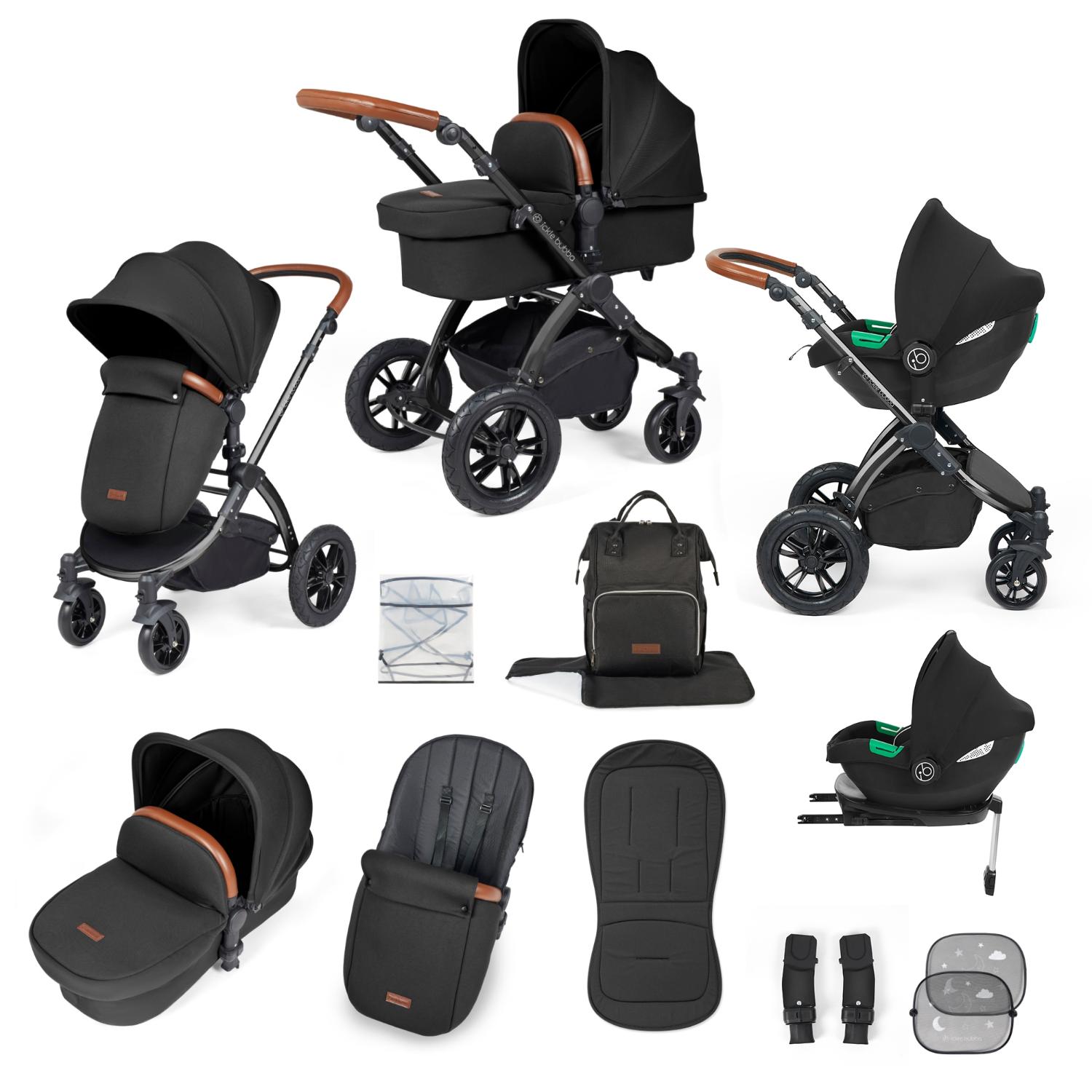 Ickle Bubba Stomp Luxe All-in-One Travel System with Cirrus i-Size Car Seat and ISOFIX Base and accessories in Midnight black colour with tan handle