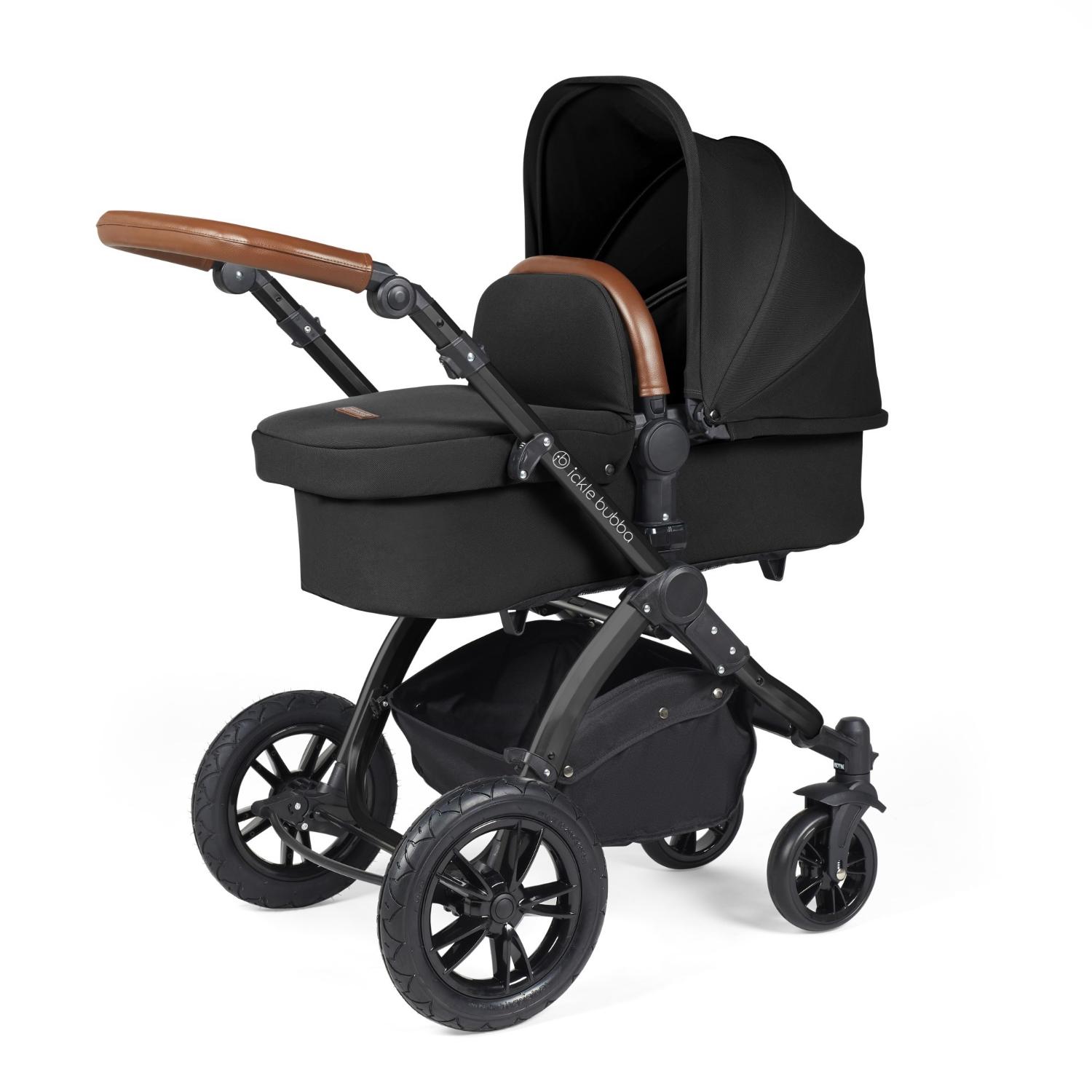 Ickle Bubba Stomp Luxe Pushchair with carrycot attached in Midnight black colour with tan handle