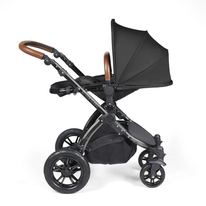 Recline position of Ickle Bubba Stomp Luxe Pushchair in Midnight black colour with tan handle