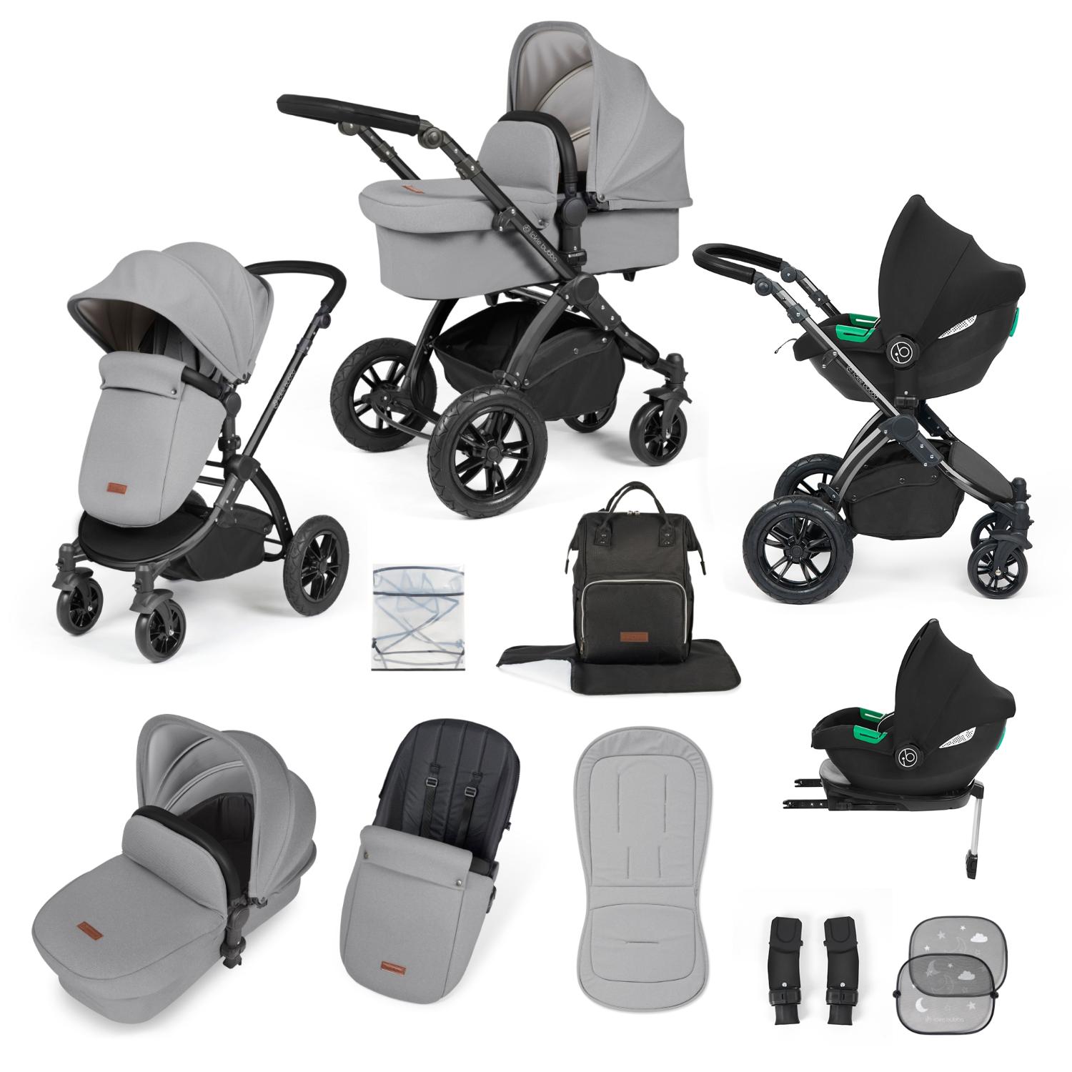 Ickle Bubba Stomp Luxe All-in-One Travel System with Cirrus i-Size Car Seat and ISOFIX Base and accessories in Pearl Grey colour
