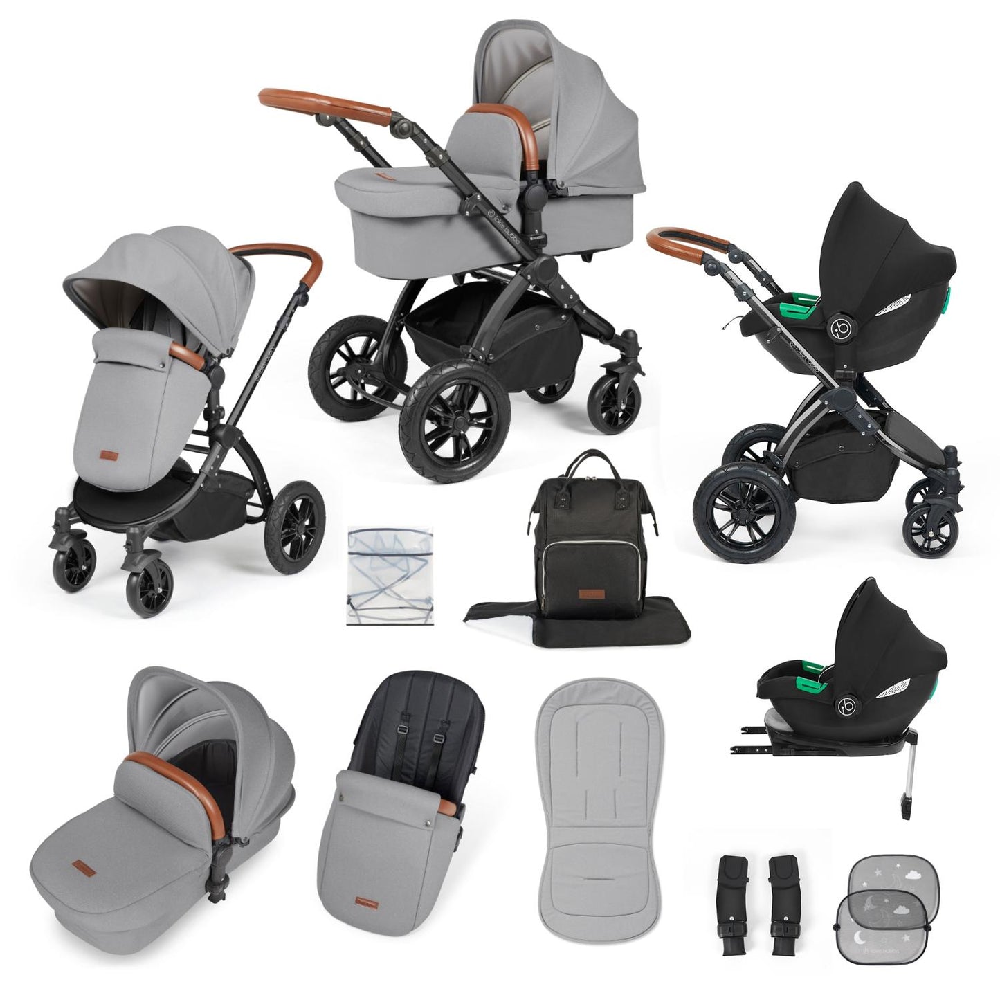 Ickle Bubba Stomp Luxe All-in-One Travel System with Cirrus i-Size Car Seat and ISOFIX Base and accessories in Pearl Grey colour with tan handle