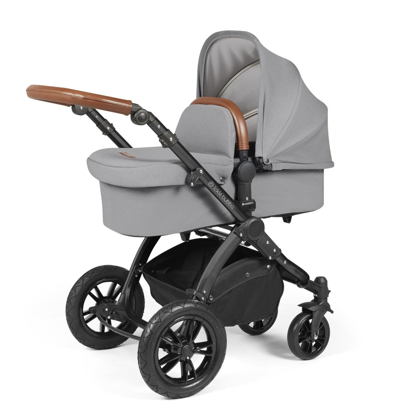Ickle Bubba Stomp Luxe Pushchair with carrycot attached in Pearl Grey colour with tan handle