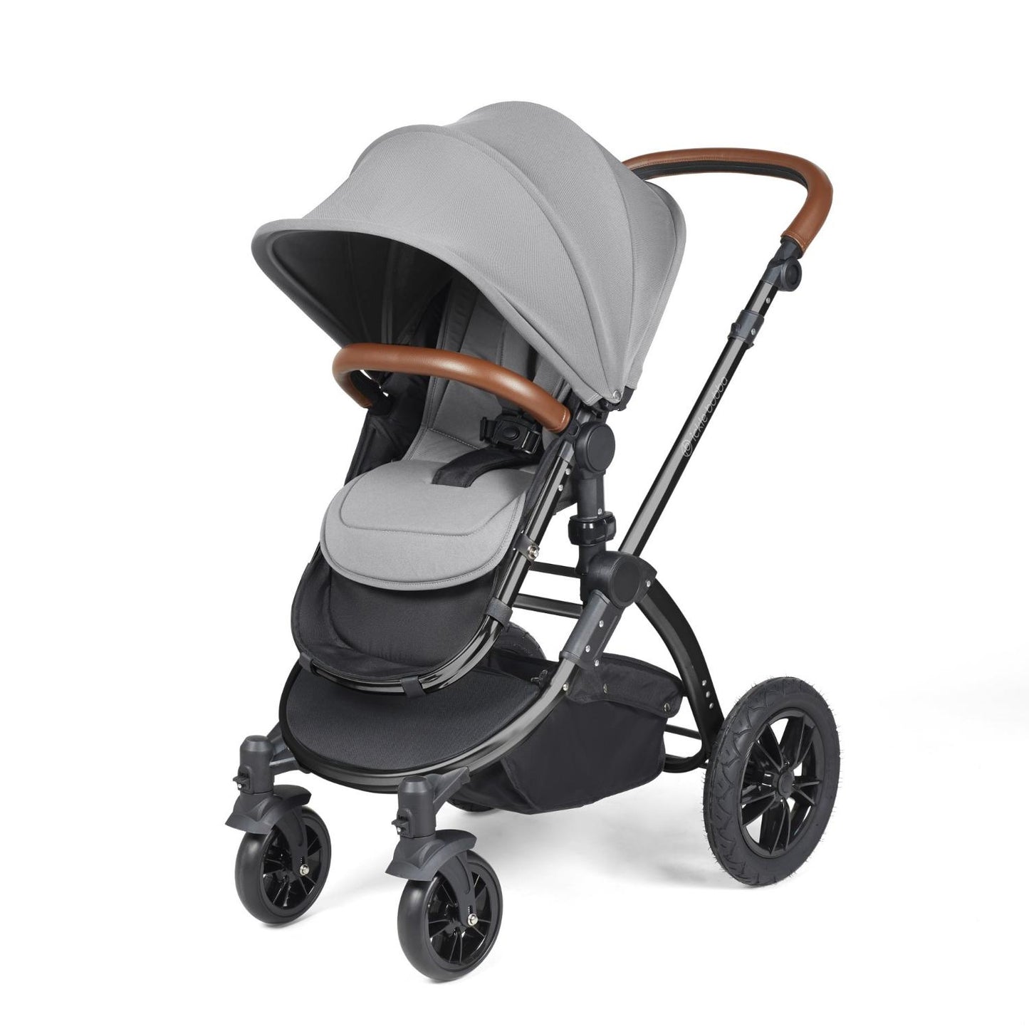 Ickle Bubba Stomp Luxe Pushchair with seat unit attached in Pearl Grey colour with tan handle