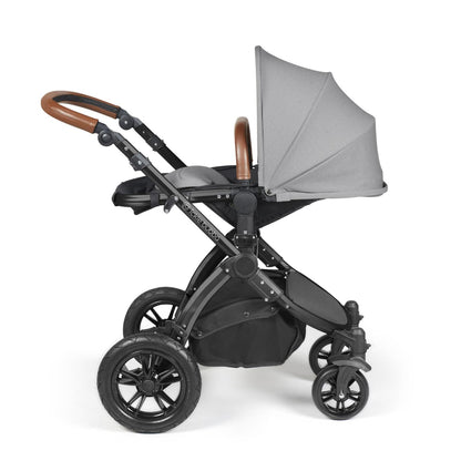 Recline position of Ickle Bubba Stomp Luxe Pushchair in Pearl Grey colour with tan handle