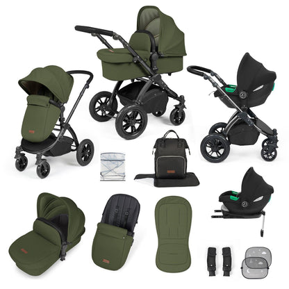 Ickle Bubba Stomp Luxe All-in-One Travel System with Cirrus i-Size Car Seat and ISOFIX Base and accessories in Woodland green colour