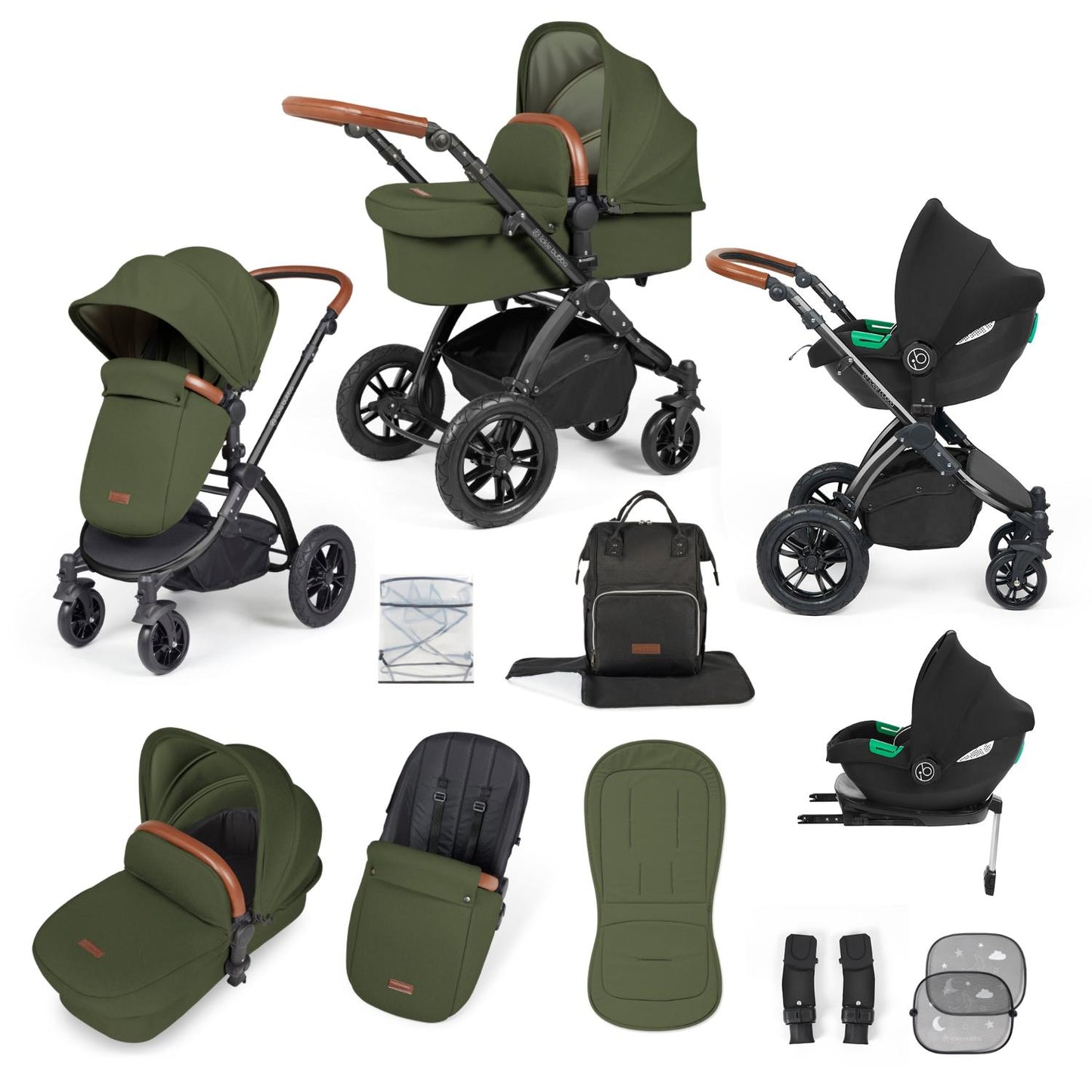 Ickle Bubba Stomp Luxe All-in-One Travel System with Cirrus i-Size Car Seat and ISOFIX Base and accessories in Woodland green colour with tan handle