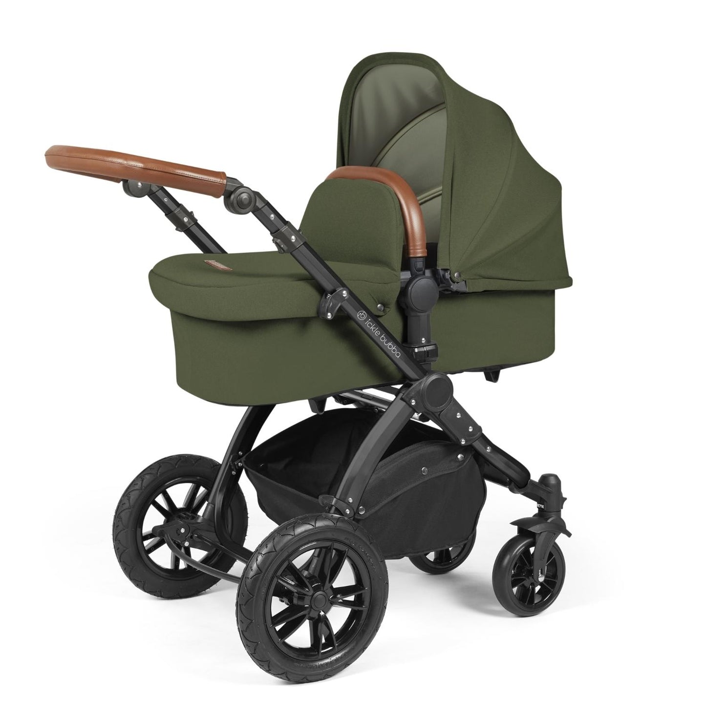Ickle Bubba Stomp Luxe Pushchair with carrycot attached in Woodland green colour with tan handle
