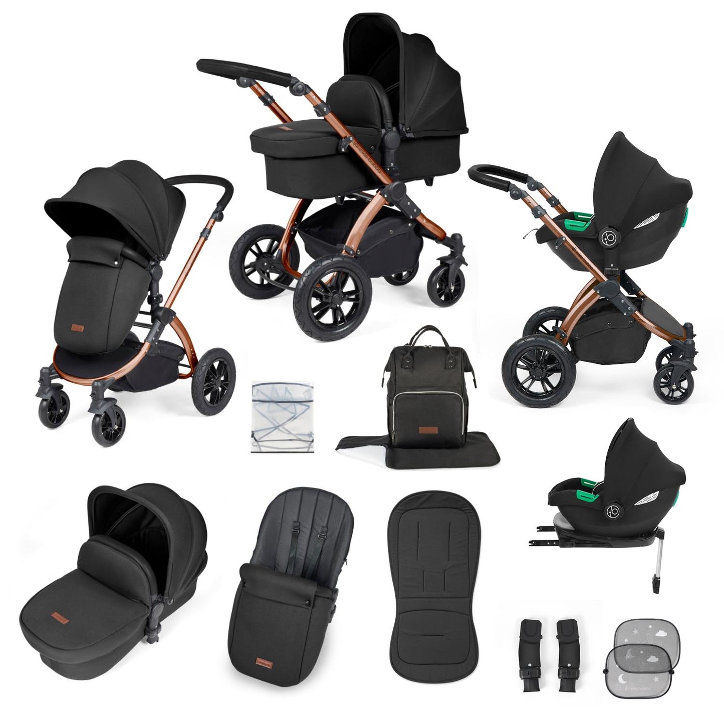 Ickle Bubba Stomp Luxe All-in-One Travel System with Cirrus i-Size Car Seat and ISOFIX Base and accessories in Midnight black colour with bronze chassis