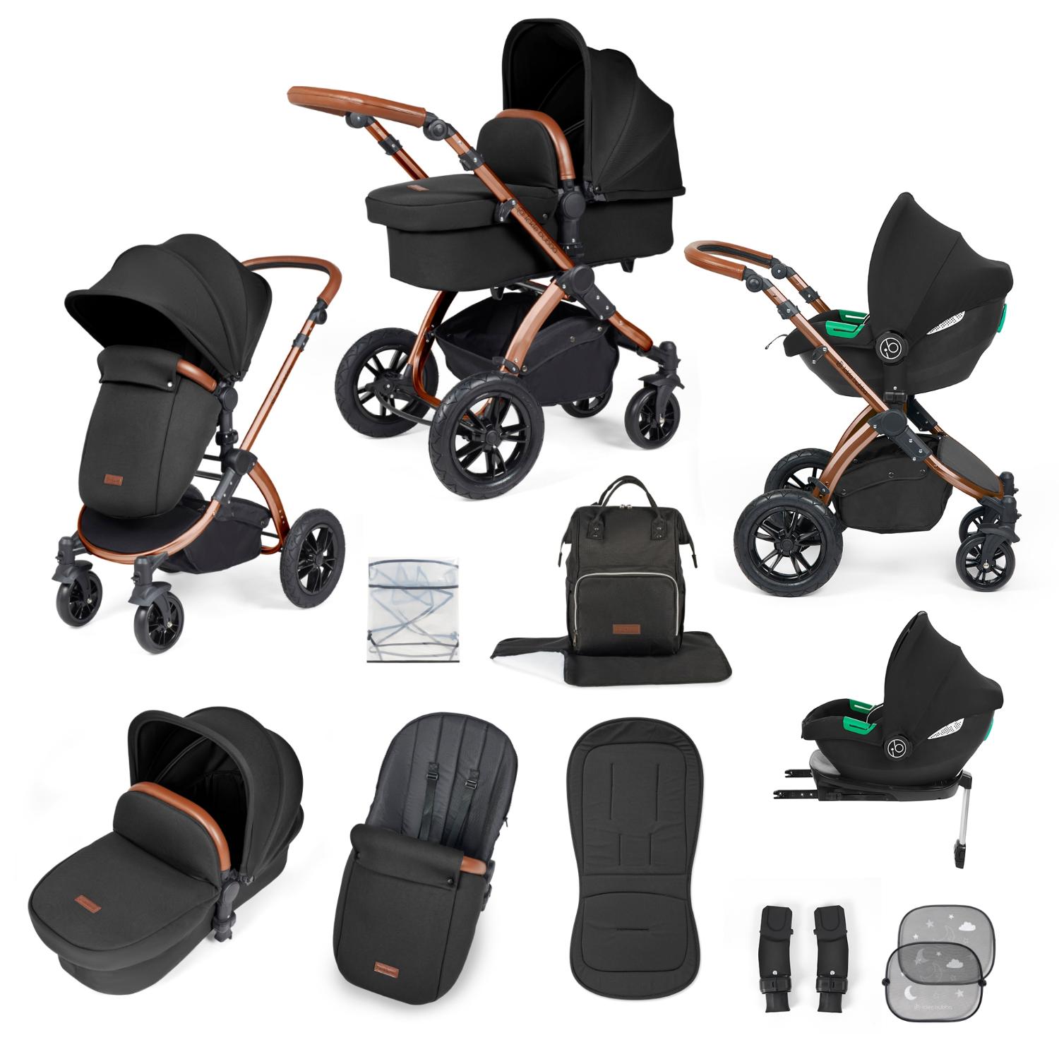 Ickle Bubba Stomp Luxe All-in-One Travel System with Cirrus i-Size Car Seat and ISOFIX Base and accessories in Midnight black colour with bronze chassis and tan handle