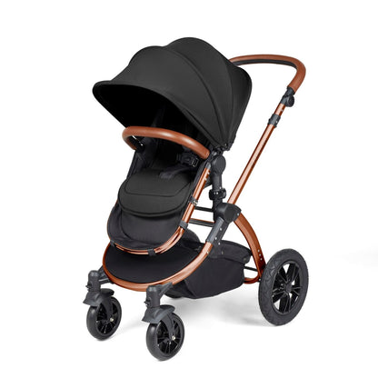 Ickle Bubba Stomp Luxe Pushchair with seat unit attached in Midnight black colour with bronze chassis and tan handle