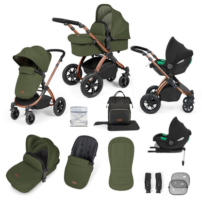Ickle Bubba Stomp Luxe All-in-One Travel System with Cirrus i-Size Car Seat and ISOFIX Base and accessories in Woodland green colour with bronze chassis