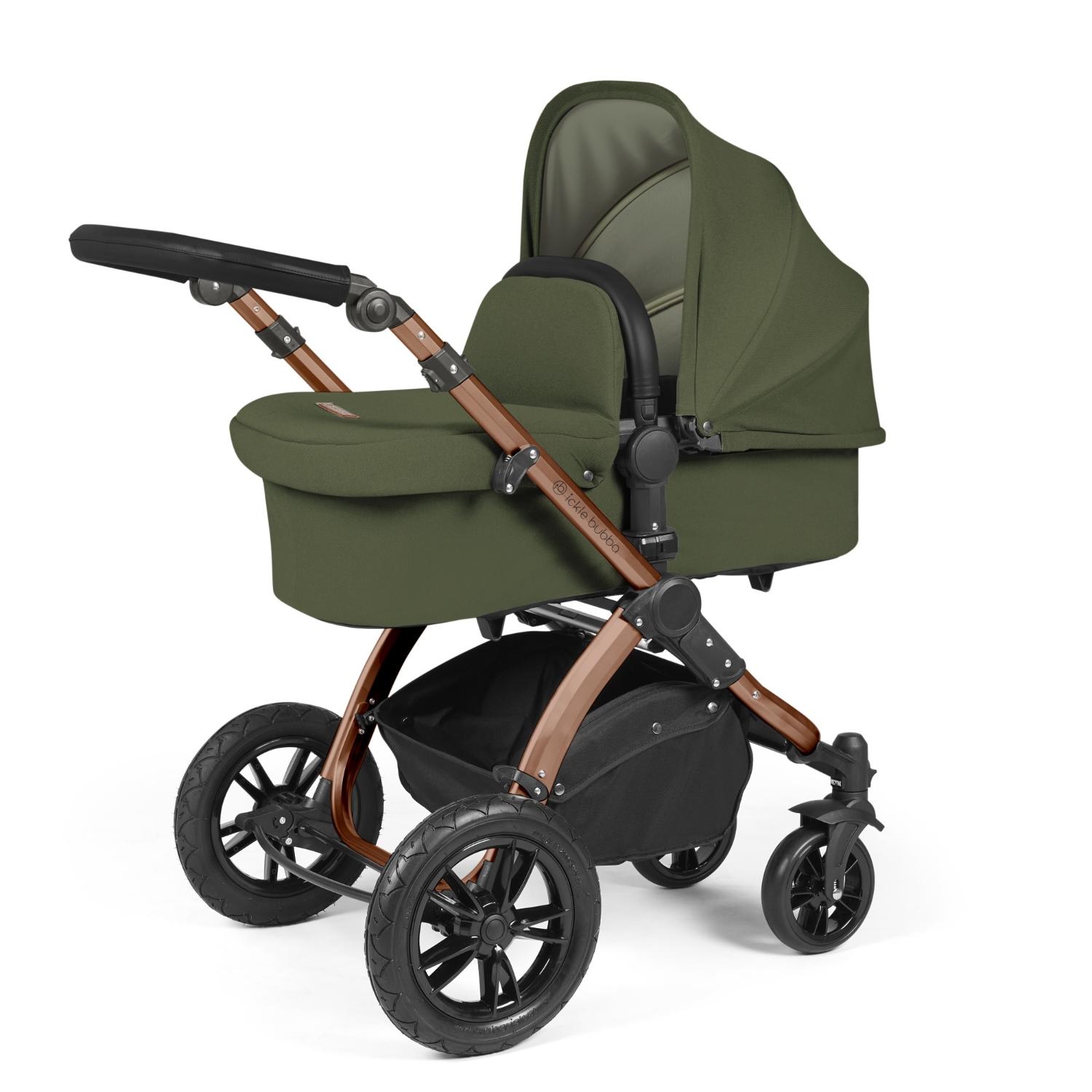 Ickle Bubba Stomp Luxe Pushchair with carrycot attached in Woodland green colour with bronze chassis