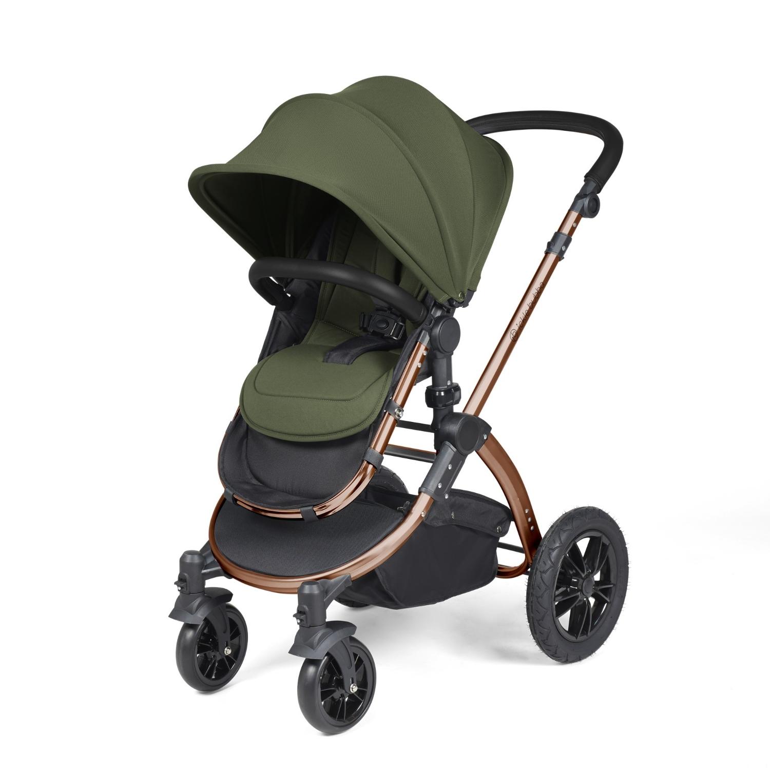 Ickle Bubba Stomp Luxe Pushchair with seat unit attached in Woodland green colour with bronze chassis