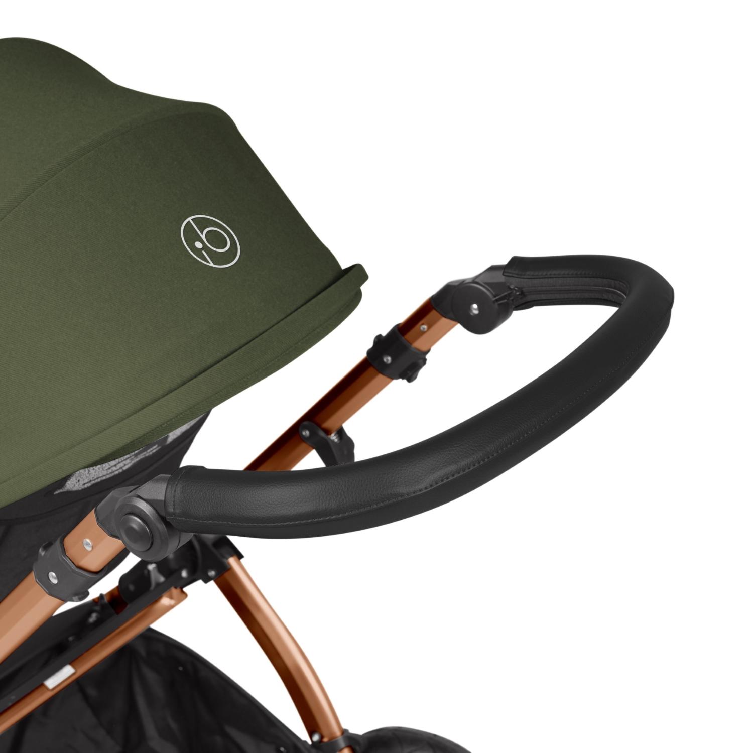 Handlebar detail of Ickle Bubba Stomp Luxe Pushchair in Woodland green colour with bronze chassis