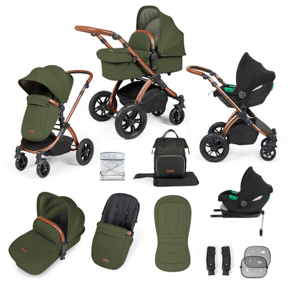 Ickle Bubba Stomp Luxe All-in-One Travel System with Cirrus i-Size Car Seat and ISOFIX Base and accessories in Woodland green colour with bronze chassis and tan handle
