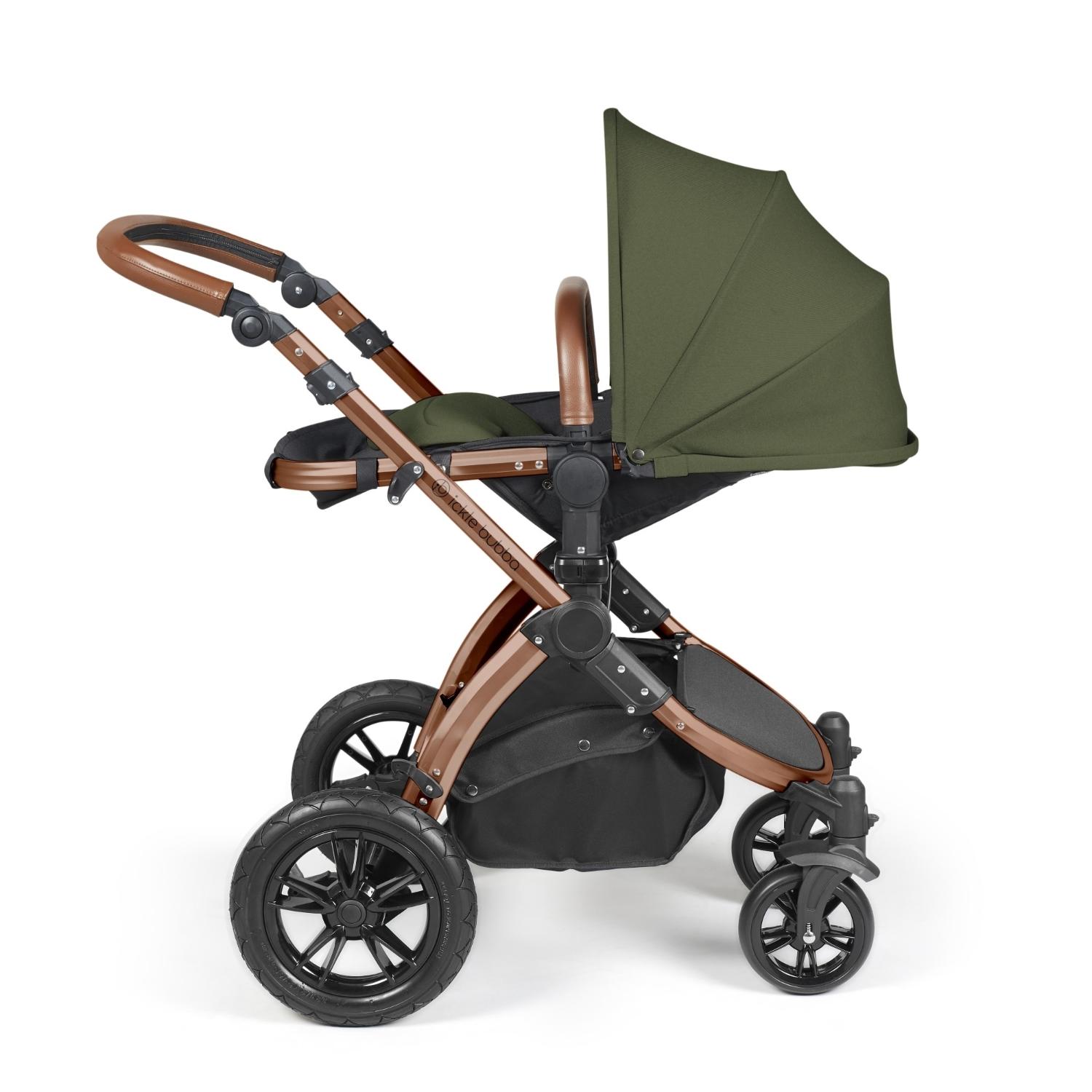 Recline position of Ickle Bubba Stomp Luxe Pushchair in Woodland green colour with bronze chassis and tan handle