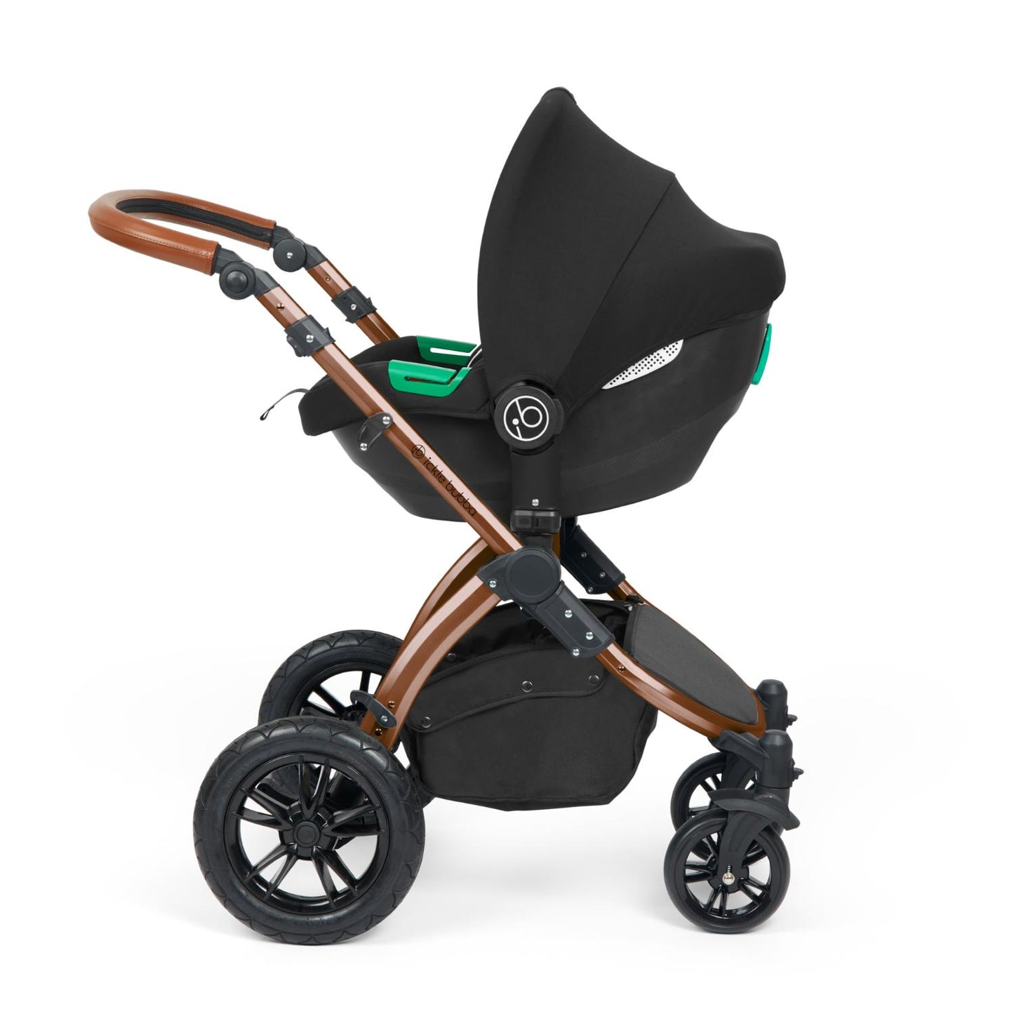 Ickle Bubba Stomp Luxe Pushchair with Cirrus i-Size car seat attached in Woodland green colour with bronze chassis and tan handle