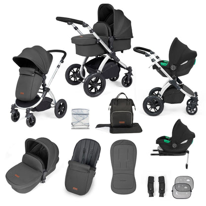 Ickle Bubba Stomp Luxe All-in-One Travel System with Cirrus i-Size Car Seat and ISOFIX Base and accessories in Charcoal Grey colour with silver chassis