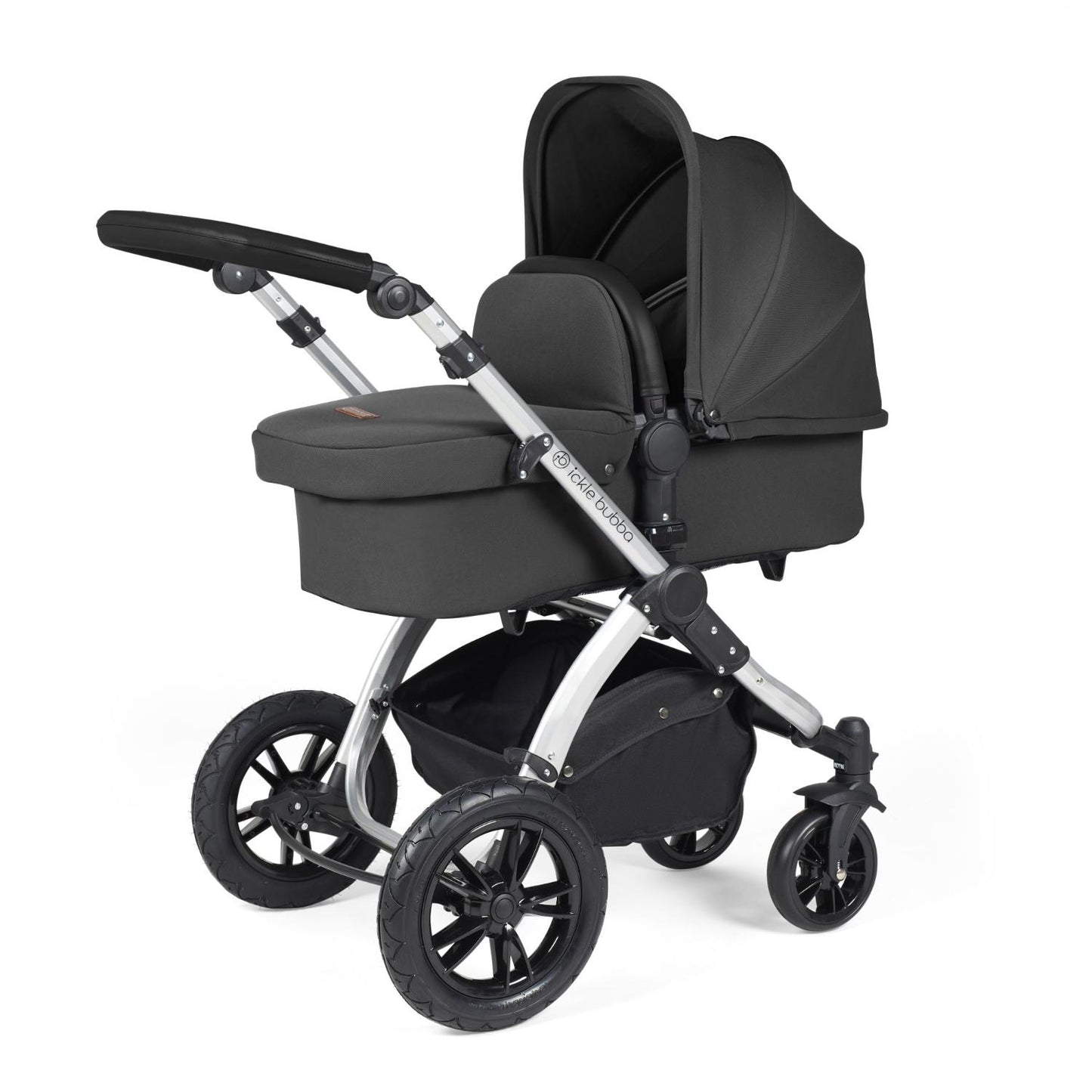 Ickle Bubba Stomp Luxe Pushchair with carrycot attached in Charcoal Grey colour with silver chassis
