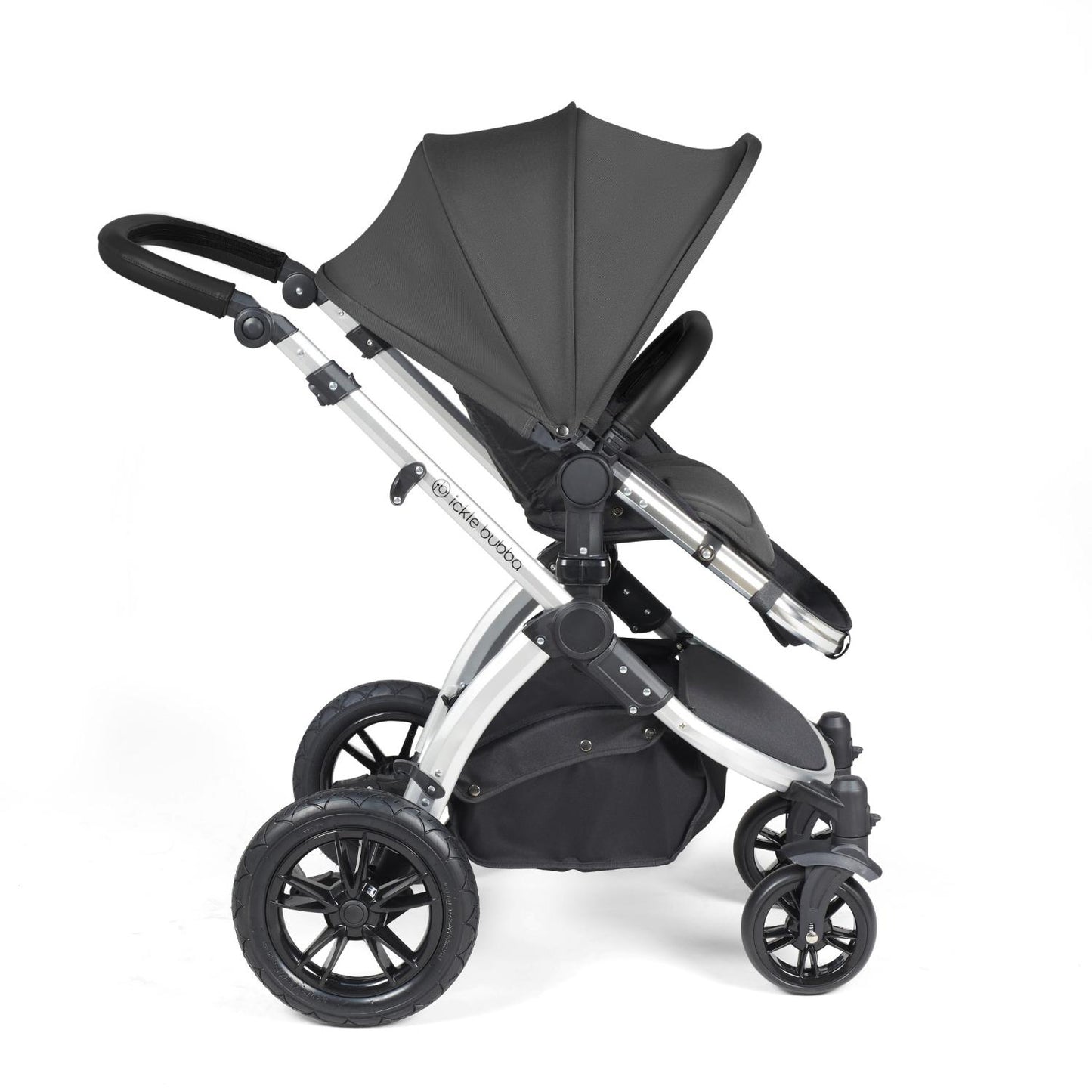 Side view of Ickle Bubba Stomp Luxe Pushchair with seat unit attached in Charcoal Grey colour with silver chassis