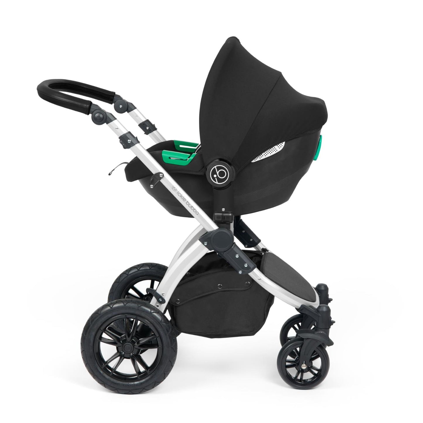 Ickle Bubba Stomp Luxe Pushchair with Cirrus i-Size car seat attached in Charcoal Grey colour with silver chassis