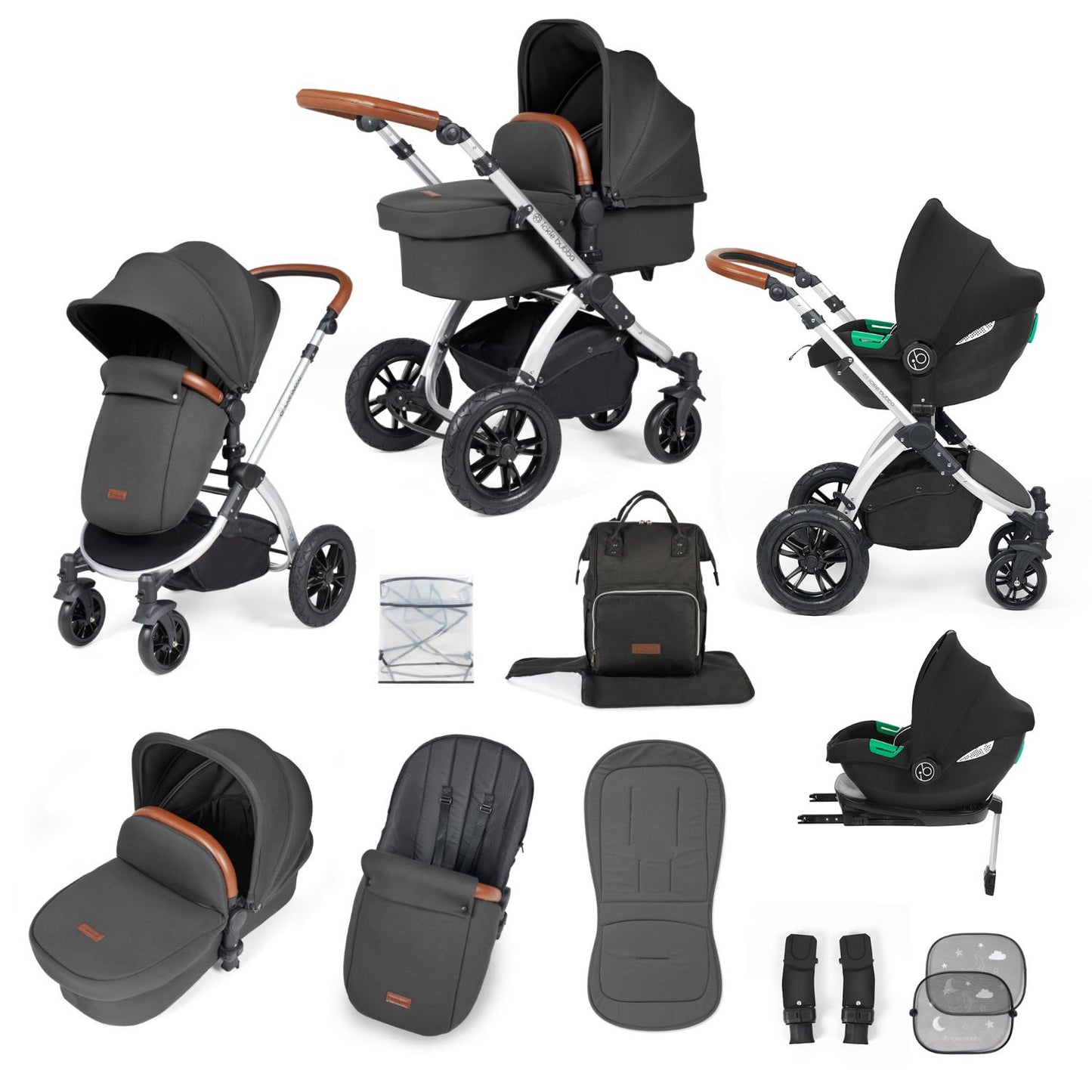 Ickle Bubba Stomp Luxe All-in-One Travel System with Cirrus i-Size Car Seat and ISOFIX Base and accessories in Charcoal Grey colour with silver chassis and tan handle