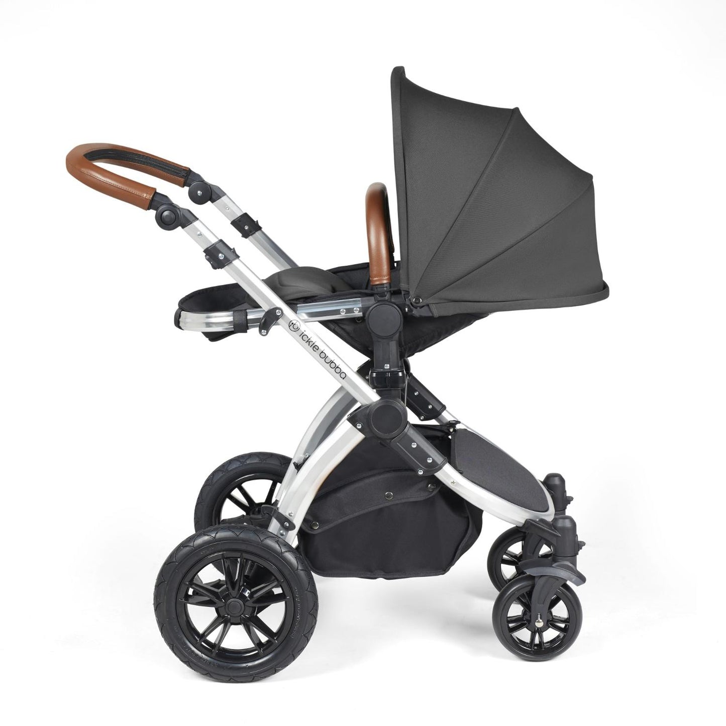 Recline position of Ickle Bubba Stomp Luxe Pushchair in Charcoal Grey colour with silver chassis and tan handle