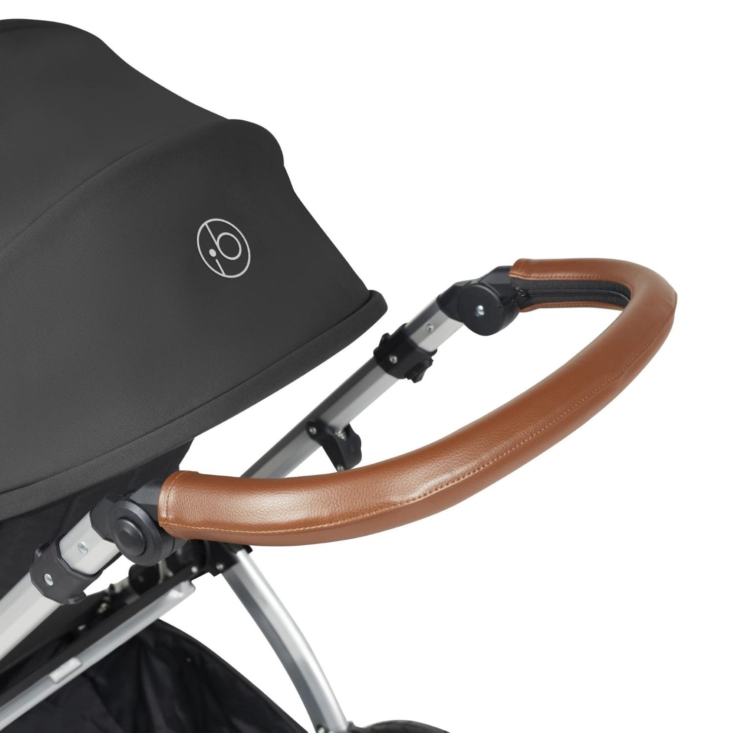 Handlebar detail of Ickle Bubba Stomp Luxe Pushchair in Charcoal Grey colour with silver chassis and tan handle