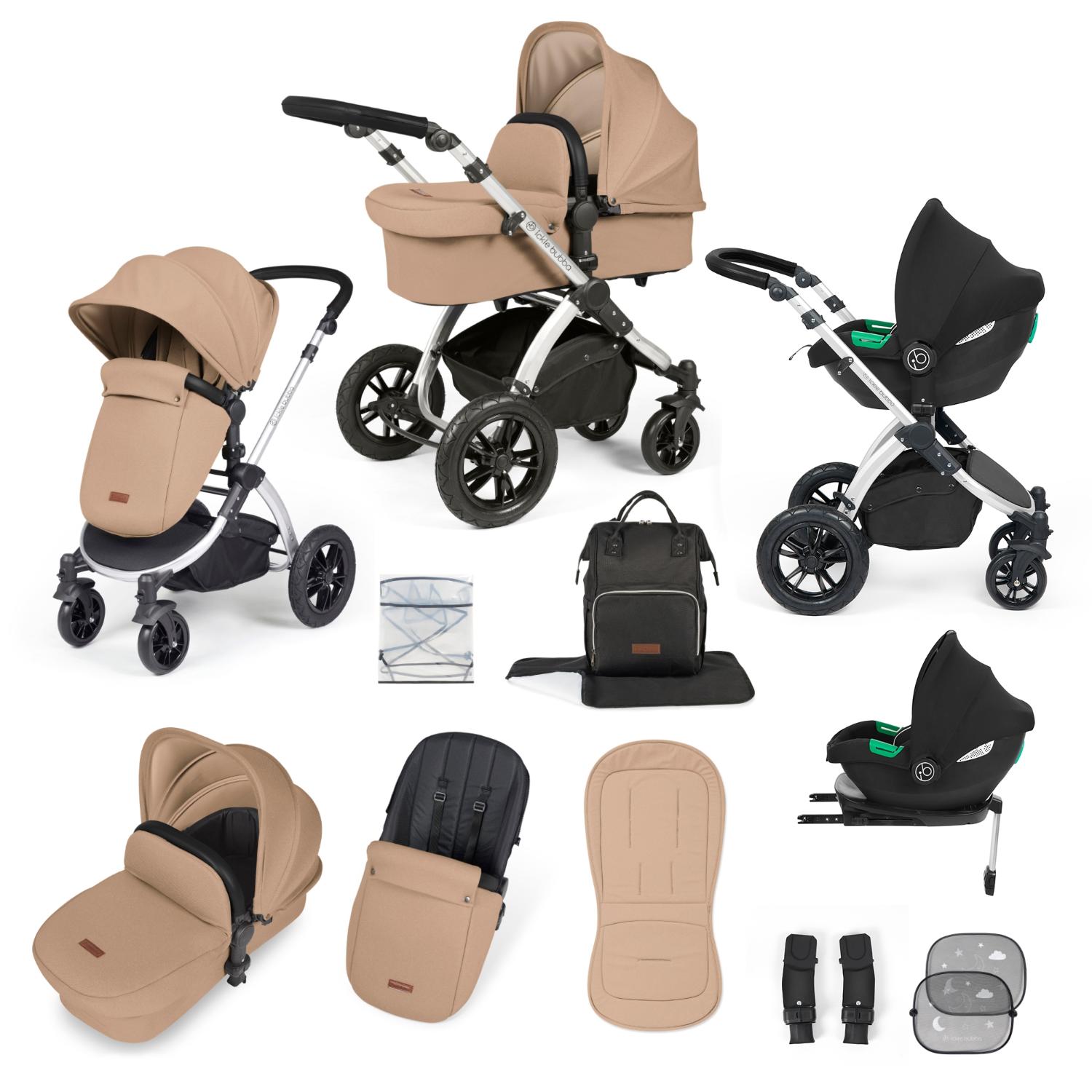 Ickle Bubba Stomp Luxe All-in-One Travel System with Cirrus i-Size Car Seat and ISOFIX Base and accessories in Desert beige colour with silver chassis