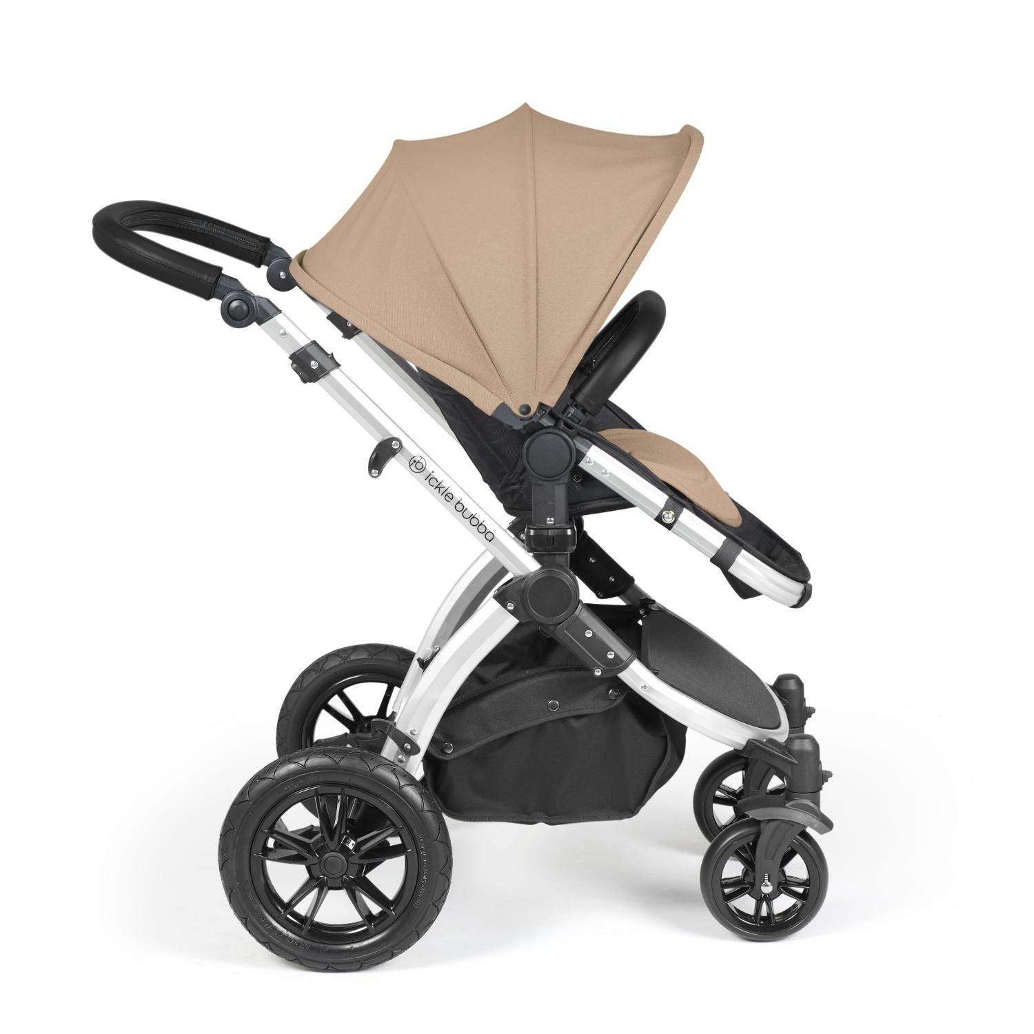 Side view of Ickle Bubba Stomp Luxe Pushchair with seat unit attached in Desert beige colour with silver chassis