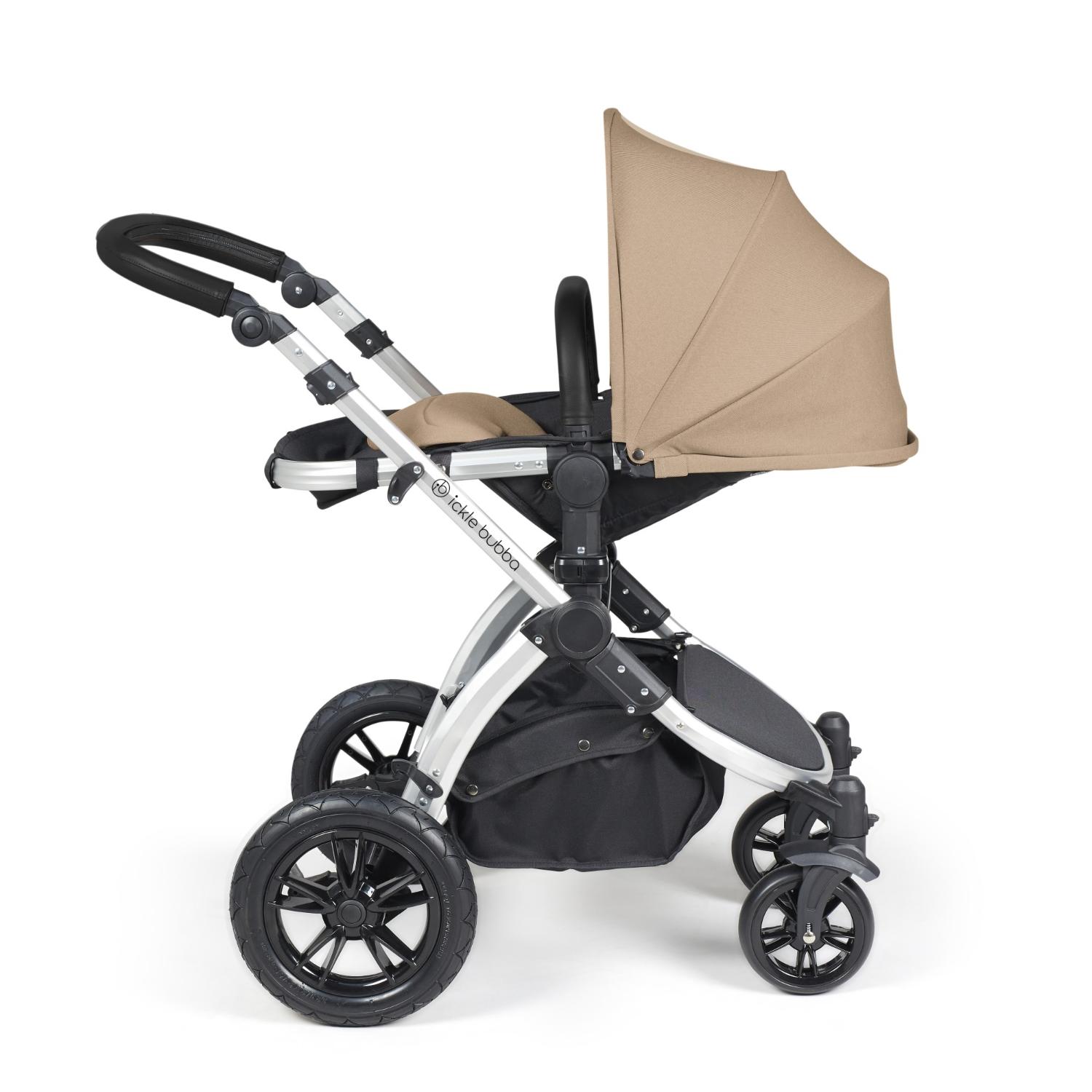 Recline position of Ickle Bubba Stomp Luxe Pushchair in Desert beige colour with silver chassis