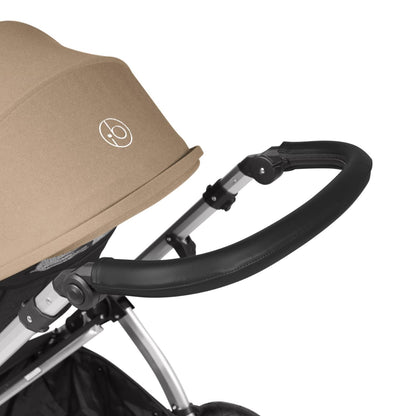 Handlebar detail of Ickle Bubba Stomp Luxe Pushchair in Desert beige colour with silver chassis