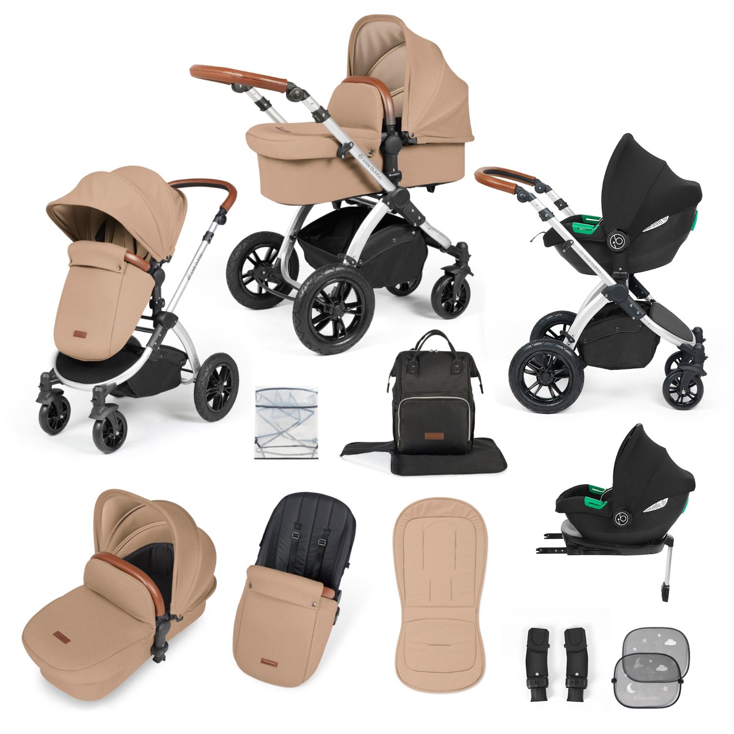 Ickle Bubba Stomp Luxe All-in-One Travel System with Cirrus i-Size Car Seat and ISOFIX Base and accessories in Desert beige colour with silver chassis and tan handle